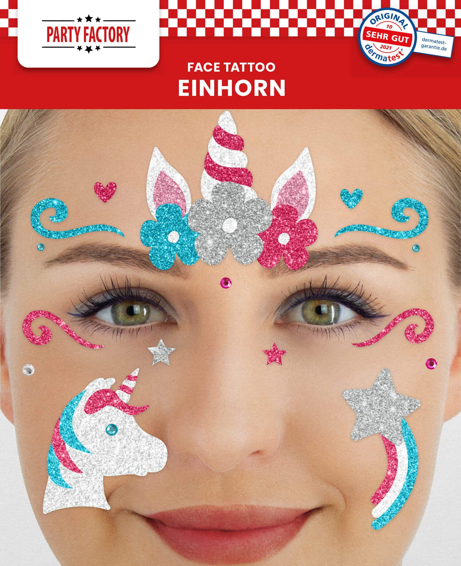 Party Factory Strass-Tattoo Gesichtstattoo Glitter Face Tattoo Glitzer Karneval Halloween Party, mit Glitzerelementen und Strass-Steinchen je nach Wahl