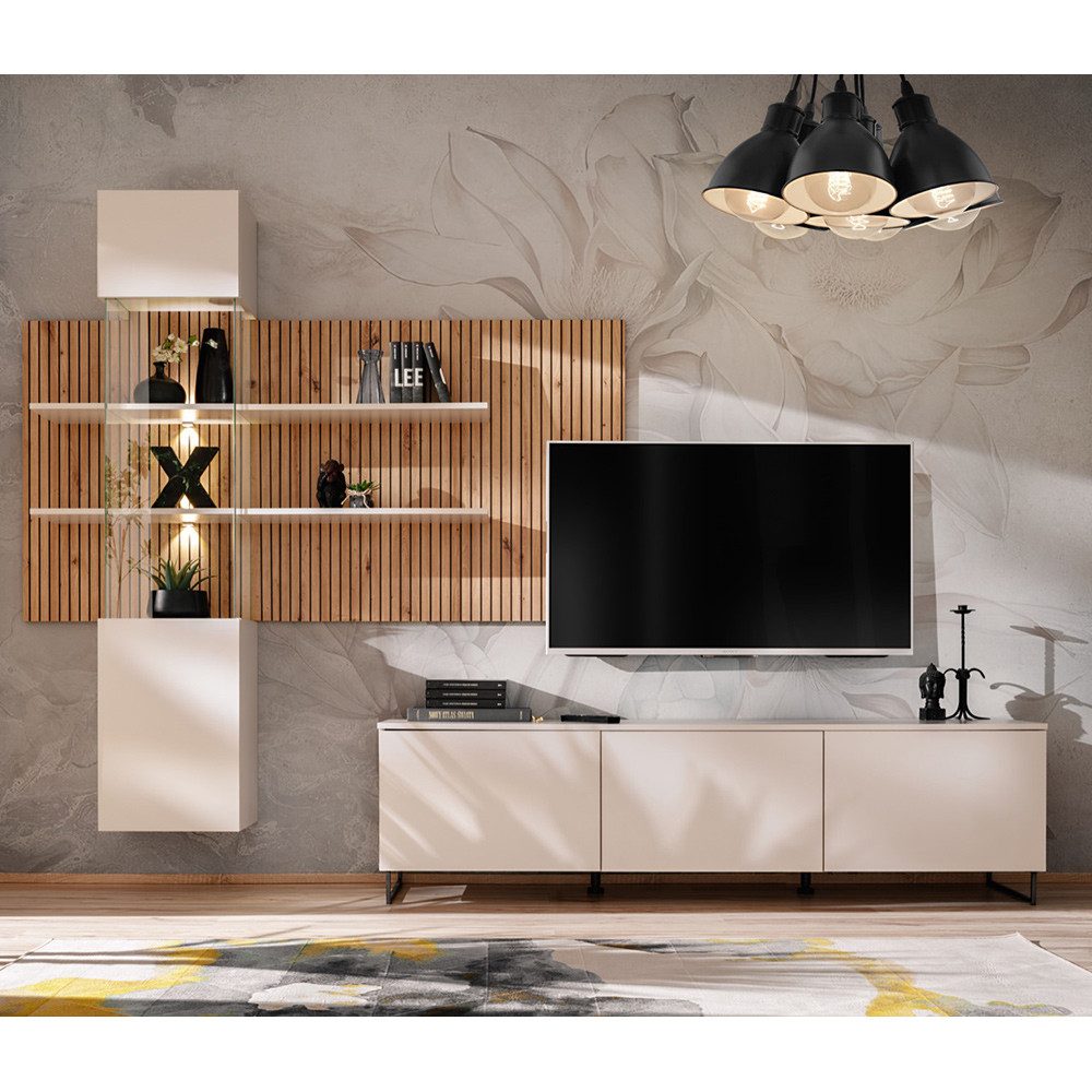 Lomadox Wohnwand GALATINA-164, (2-St., Wandpaneel mit Vitrine, Lowboard), A günstig online kaufen