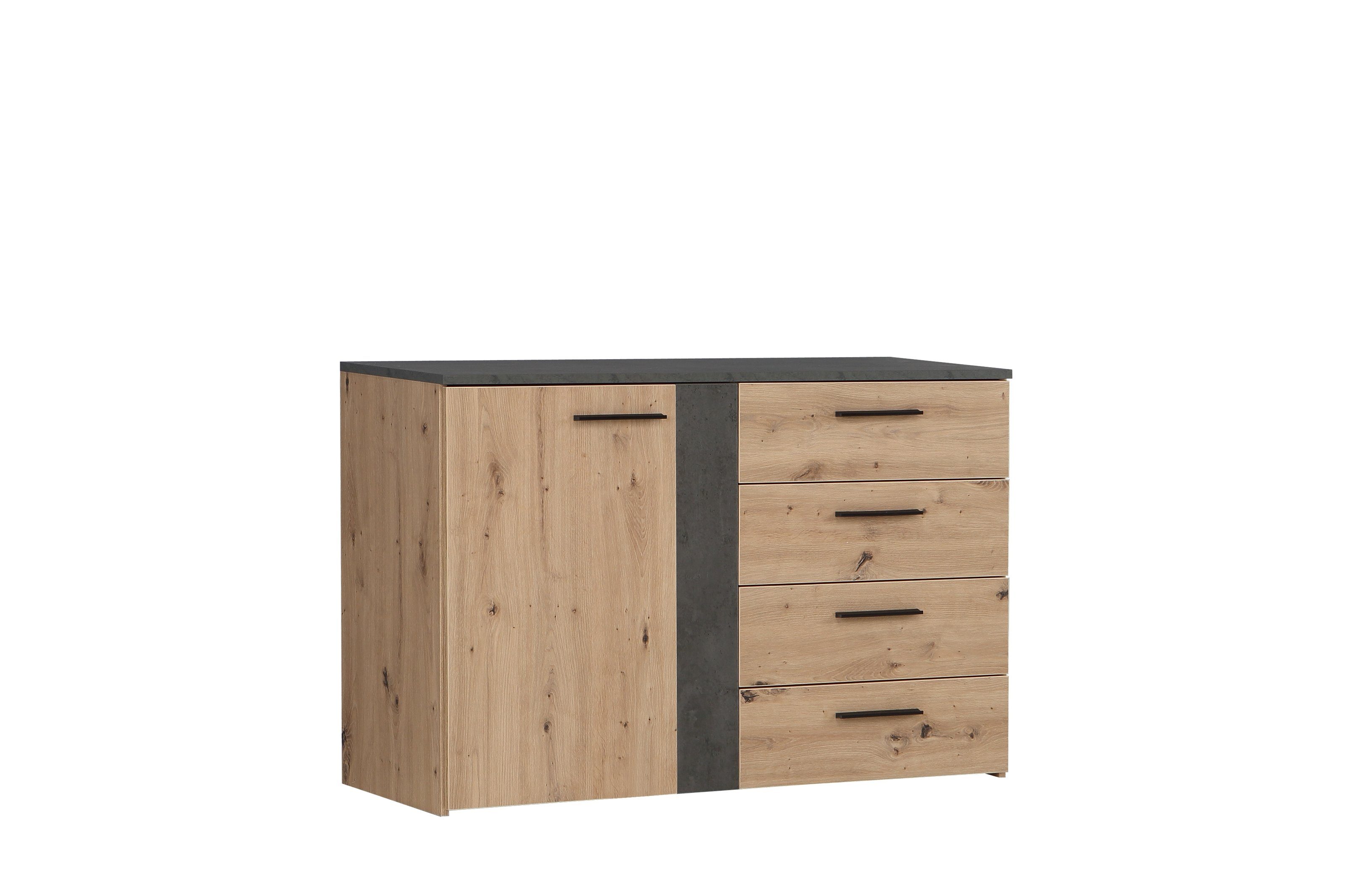 möbelando Beistellschrank Feliks Moderne Kommode aus Spanplatte in Artisan  Eiche Nachbildung, Absetzung in Betonoptik Dunkelgrau mit 1 Holztür, 4  Schubkästen und 2 Einlegeböden. Breite 120,1 cm, Höhe 80,5 cm, Tiefe 41,3 cm