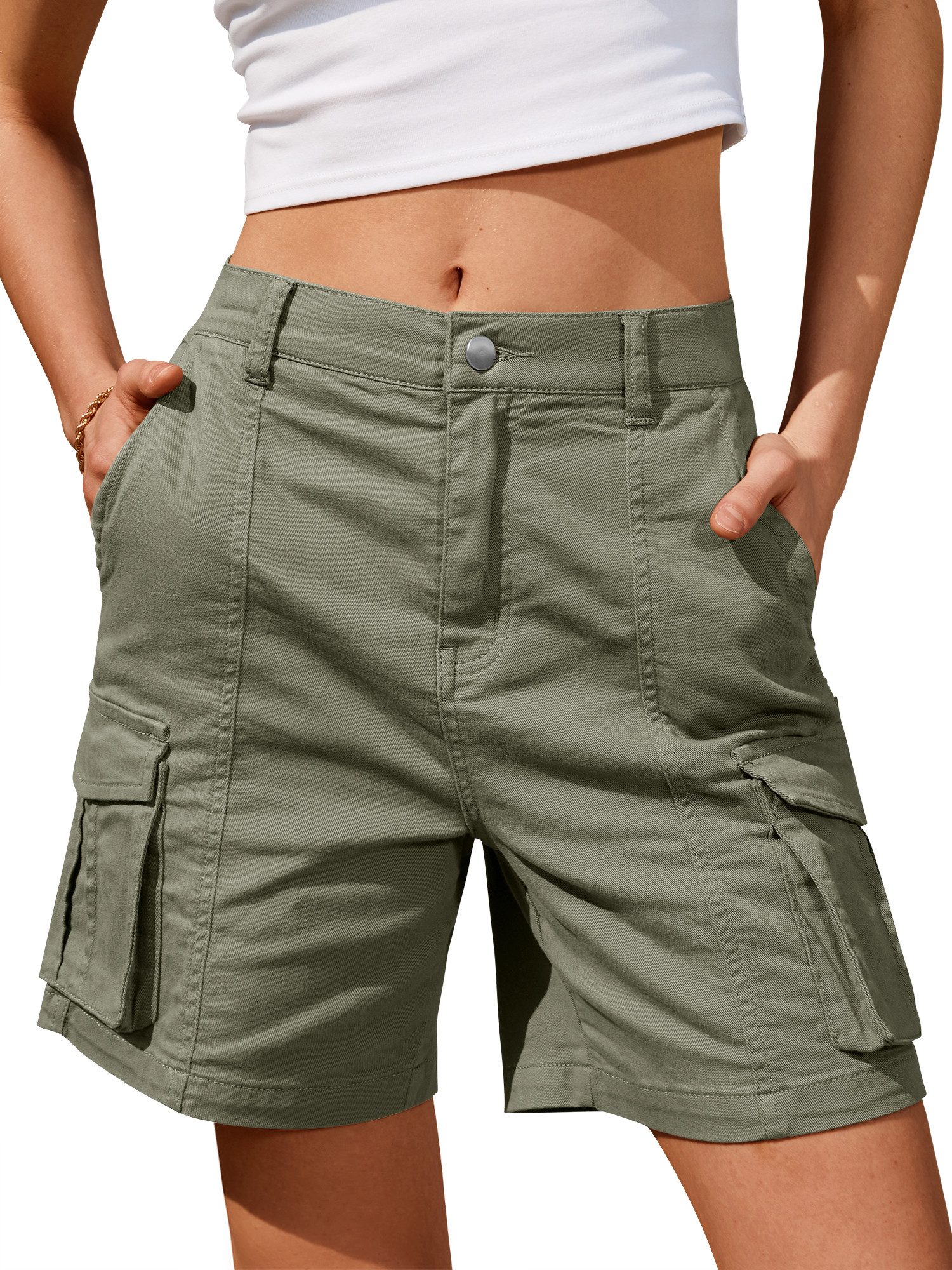 IVIR Bermudas Kurze Hose Damen, Cargo Shorts Damen (1-tlg) Hochtailliert & dehnbar aus Baumwolle mit 6 praktischen Taschen