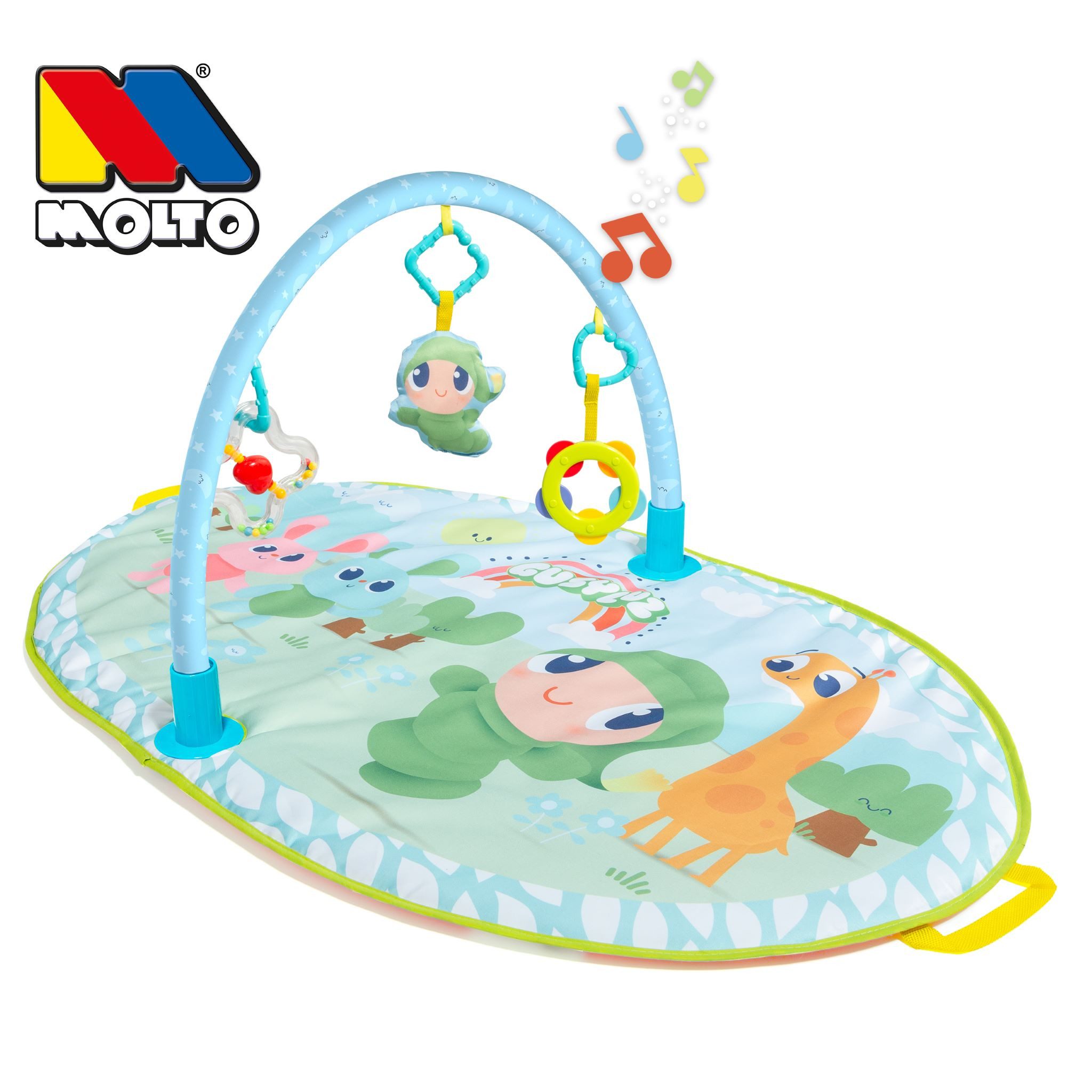 Krabbeldecke Baby mit Spielbogen bunt und Spielzeug faltbar ab Geburt, MOLTO, Krabbeldecke mit Spielbogen und 3 Stk. Spielzeuge