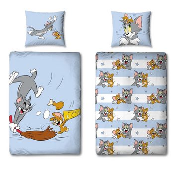 Kinderbettwäsche Tom und Jerry "Mäusejagd" 135x200 + 80x80 cm aus 100% Baumwolle, Familando, Renforcé, 2 teilig, mit Wendemotiv auf Bettdecke und Kopfkissen
