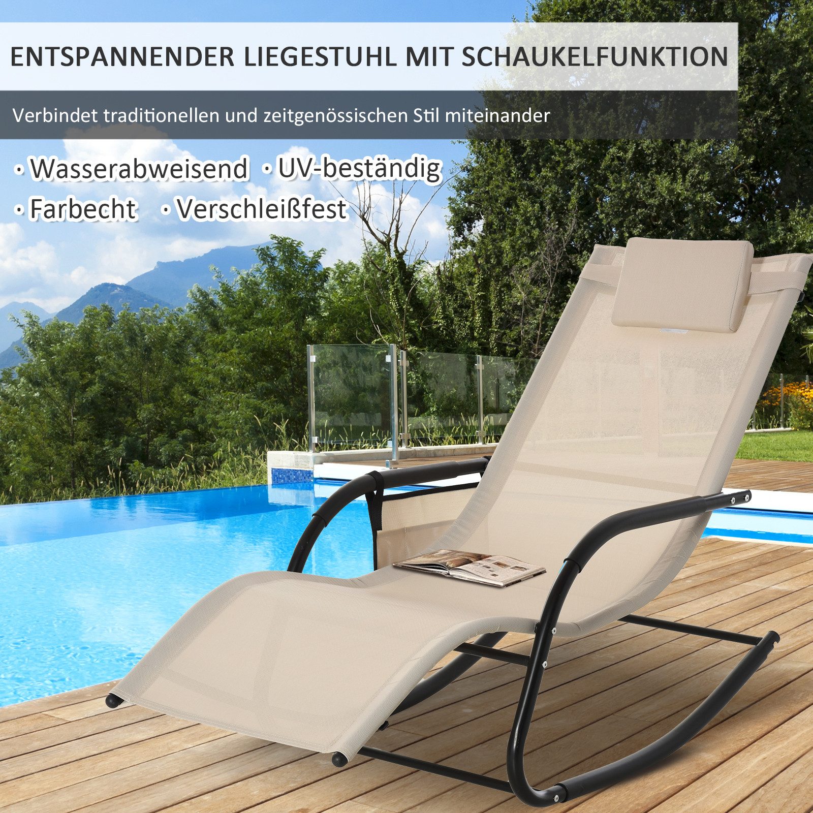 CHICFURN Gartenliege Schwingsessel aus Metall mit Mesh-Bezug in Beige, 150x62x88 cm, Packung, 1 St., Mit Schaukel- und Relaxfunktion für Balkon, Terrasse oder Garten, Bequeme Sitz- und Liegefläche für entspannte Stunden im Freien