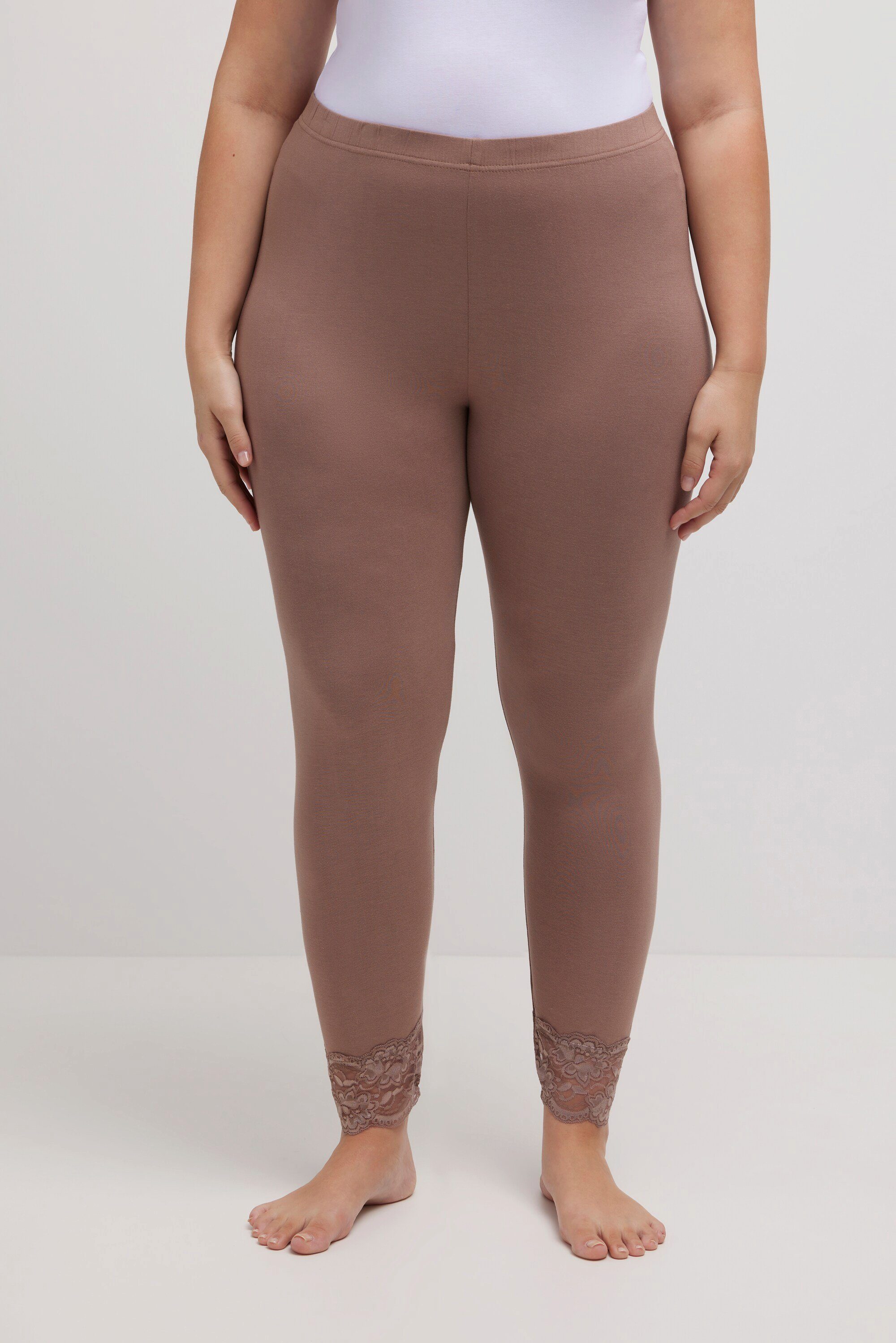 Ulla Lederimitathose Spitzensaum Viskosejersey Popken Leggings taupe