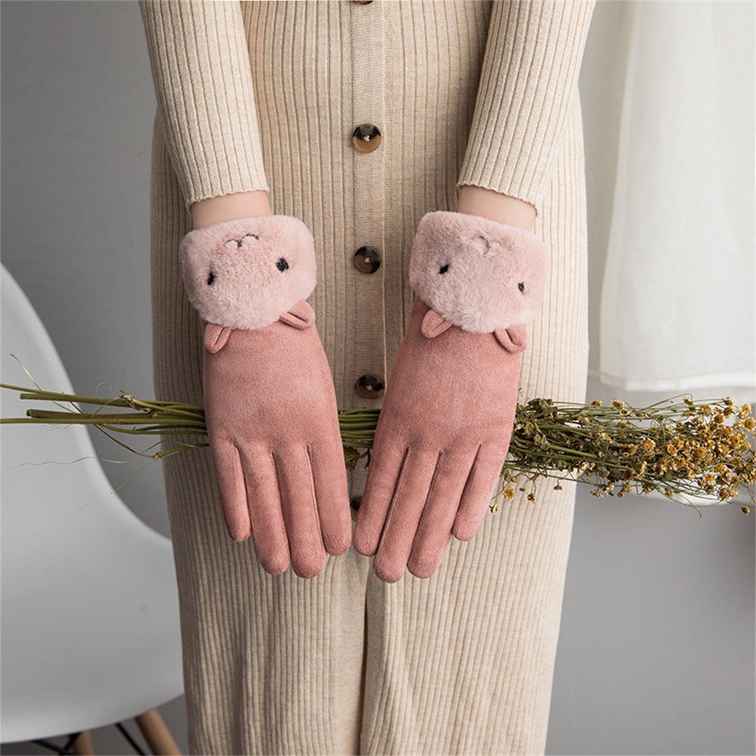 DÖRÖY Fleecehandschuhe Damen Winter Cartoon gepolsterte warme Handschuhe, Reithandschuhe Rosa