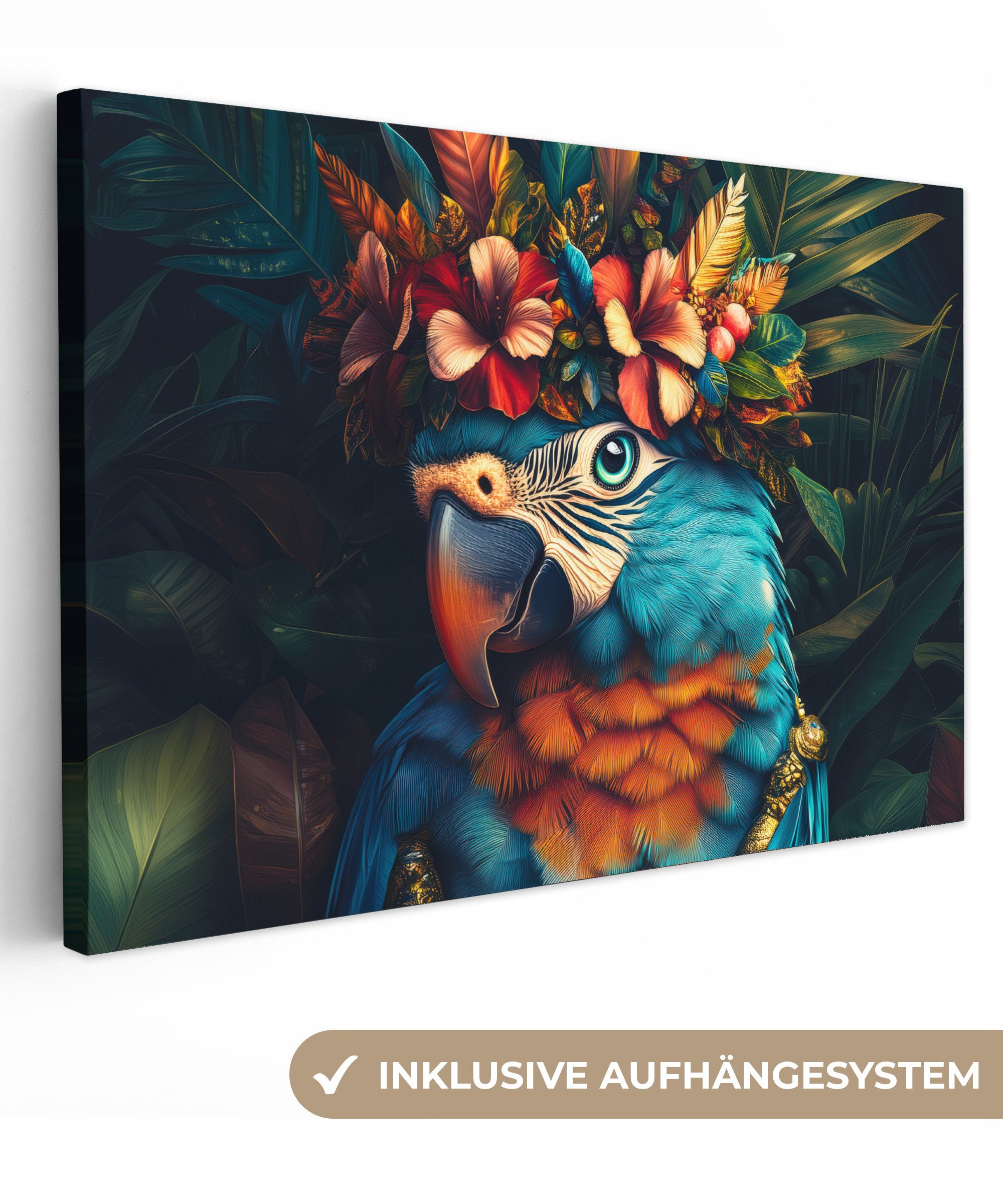 OneMillionCanvasses® Leinwandbild Papagei - Vogel - Bunt - Blumen - Blätter günstig online kaufen