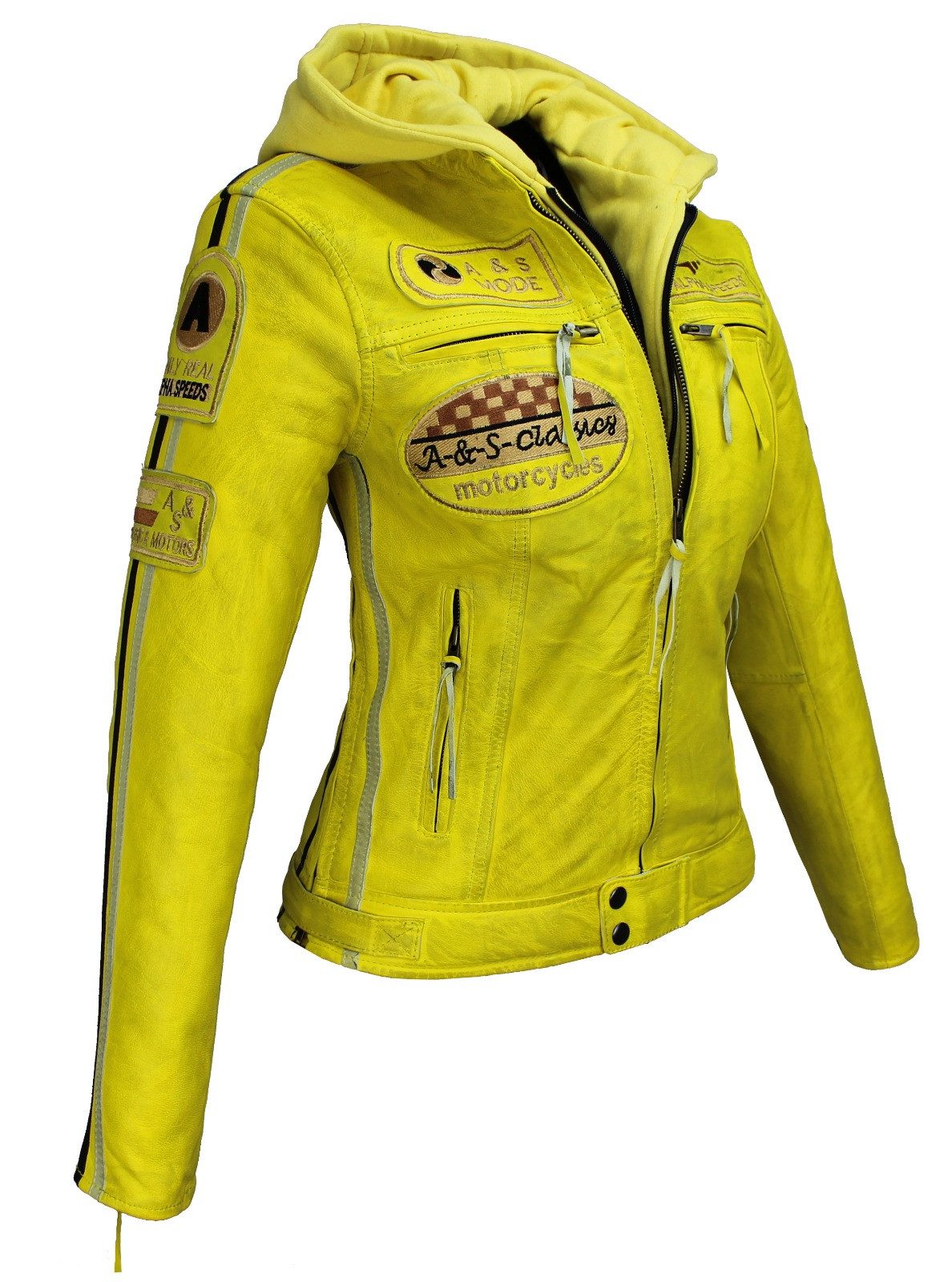 Alpha Speeds Bikerjacke - /Freizeit Damen Highway 11 Lederjacke Gelb 2-in-1 mit abnehmbarer Kapuze, inklusive einsetzbarer Protektoren