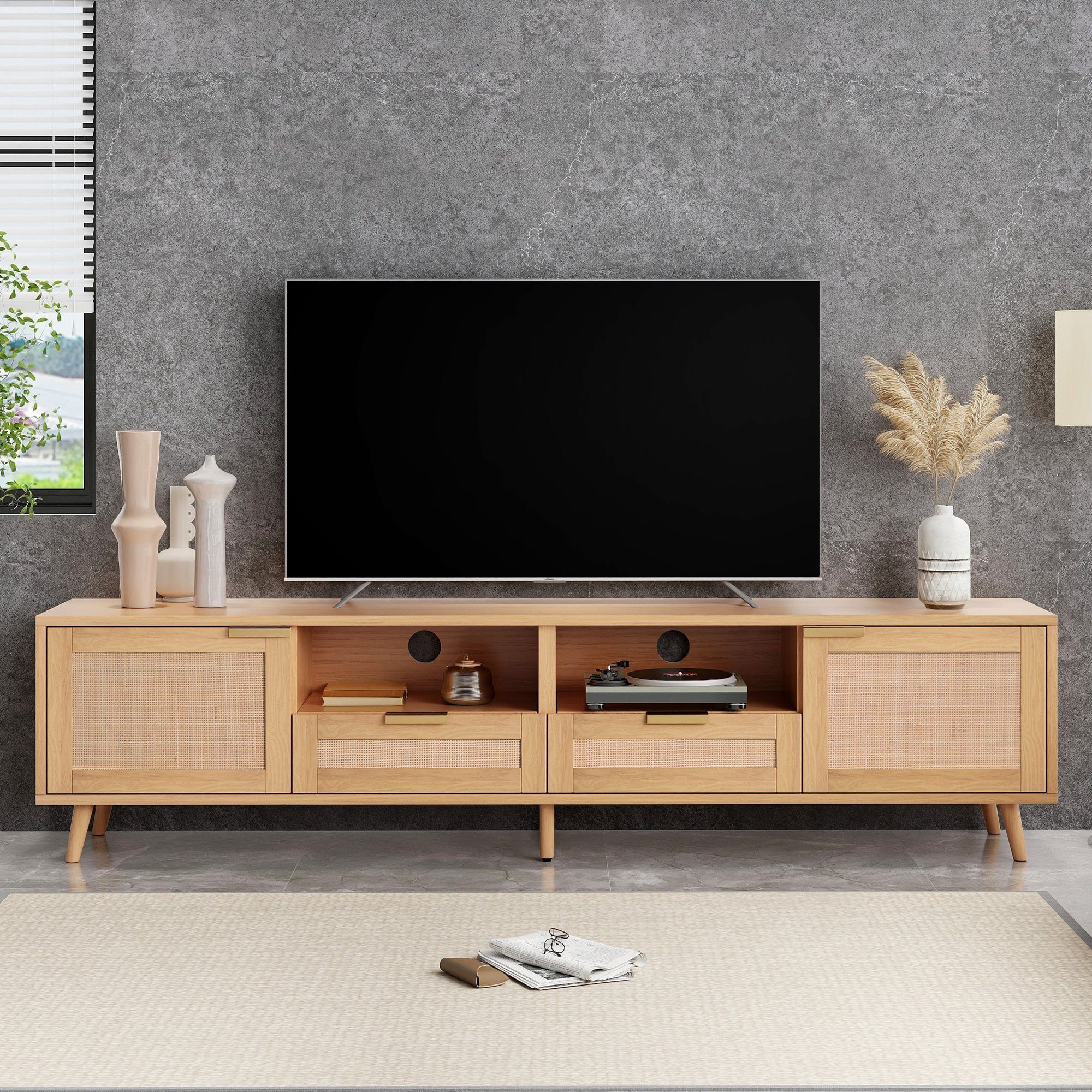 Sweiko TV-Schrank (lowboard, Mit 2 Türen, 2 offenen Fächern, 2 Schubladen) Geflochtenes Rattan-Design, 200*37*49cm