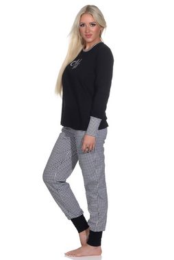 Normann Pyjama Damen Schlafanzug langarm mit Bündchen, Hose im Pepita-Look