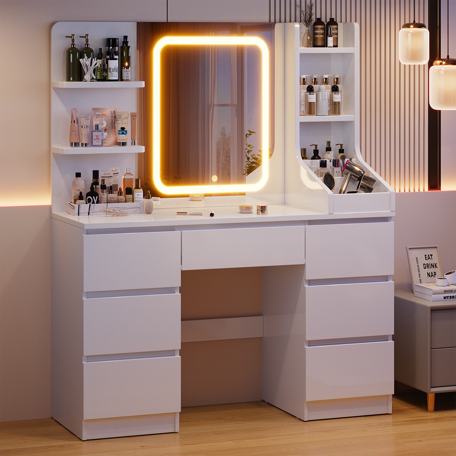 HOMALL Schminktisch Eingebaute LED-Beleuchtung, einstellbare Helligkeit, mit 7 Schubladen (GroBe 110*40*139cm Bestes Geschenk fur Ehefrau/Tochter ostern geschenke)