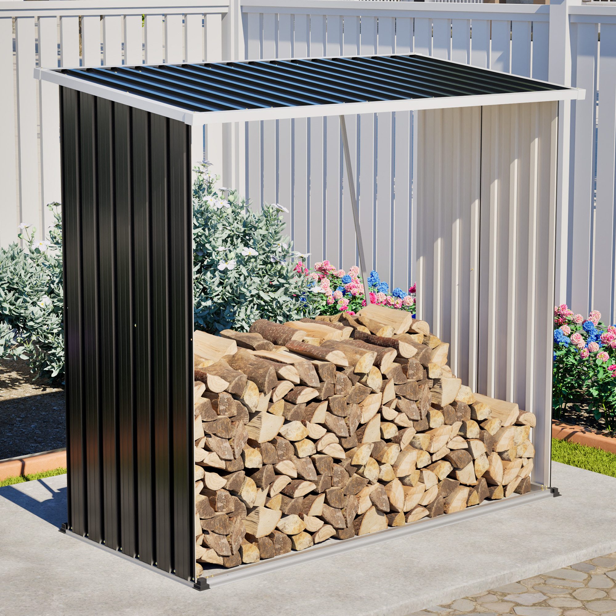 Rolipo Kaminholzregal Brennholzunterstand verzinktem Stahl Gartenholzregal geneigtem Dach, BxTxH:172,3x88x158,1 cm, erhöhter Konstruktion gegen Fäulnis für Hof, Gerätehaus & Garten