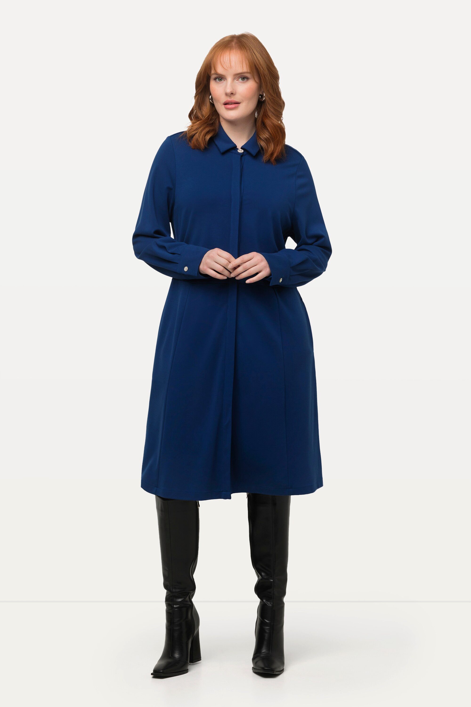 Ulla Popken Midikleid Hemdblusenkleid Punto di Roma Hemkragen Langarm