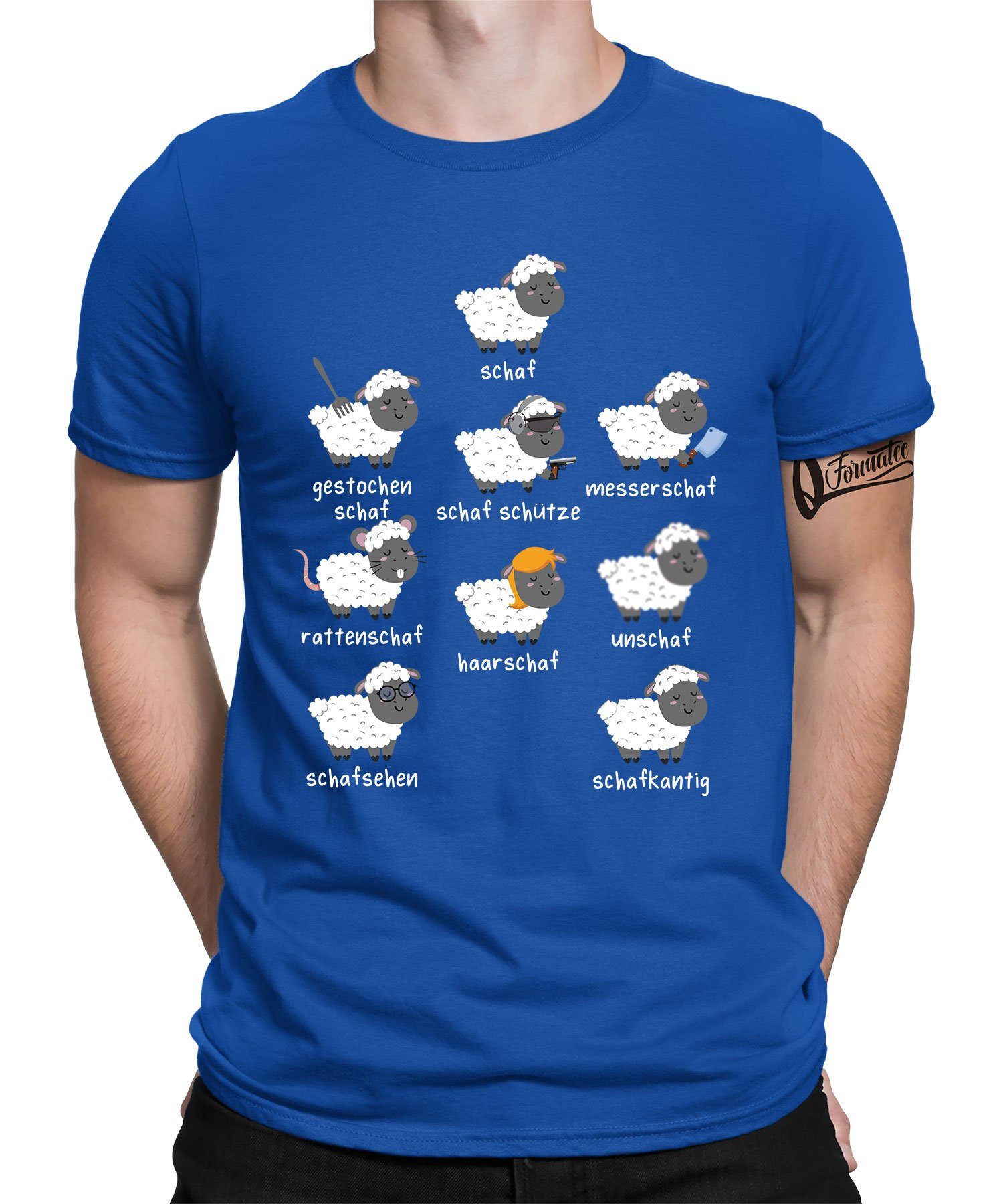 Quattro Formatee Kurzarmshirt Schafe Wortspiel Schafherde- Lustiger Spruch Statement Herren T-Shirt (1-tlg) Blau