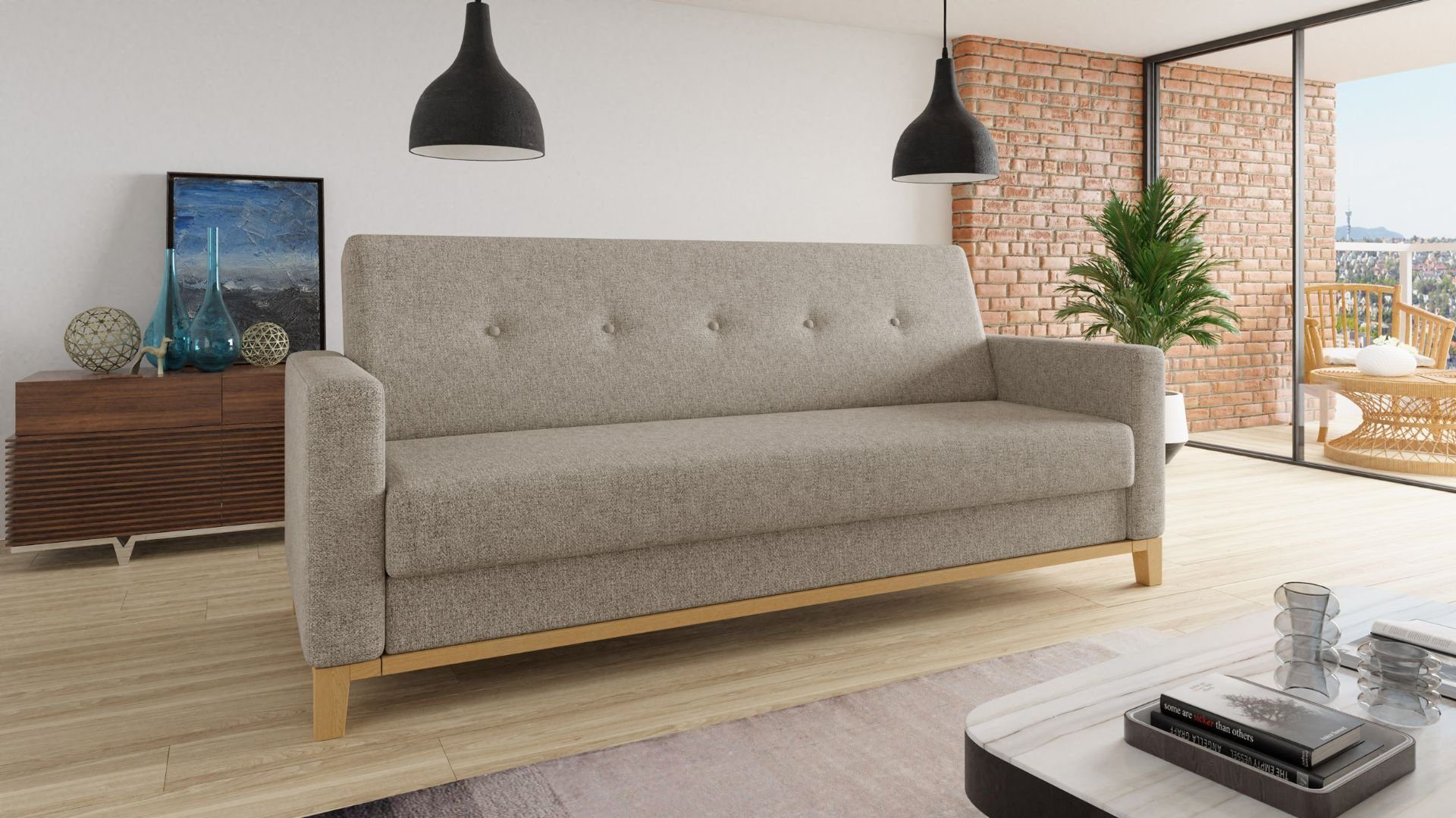 Sofnet Schlafsofa Wood, Holzfüße Schlaffunktion Bettkasten, mit Twist 02 Wellenfeder und Bettsofa und mit