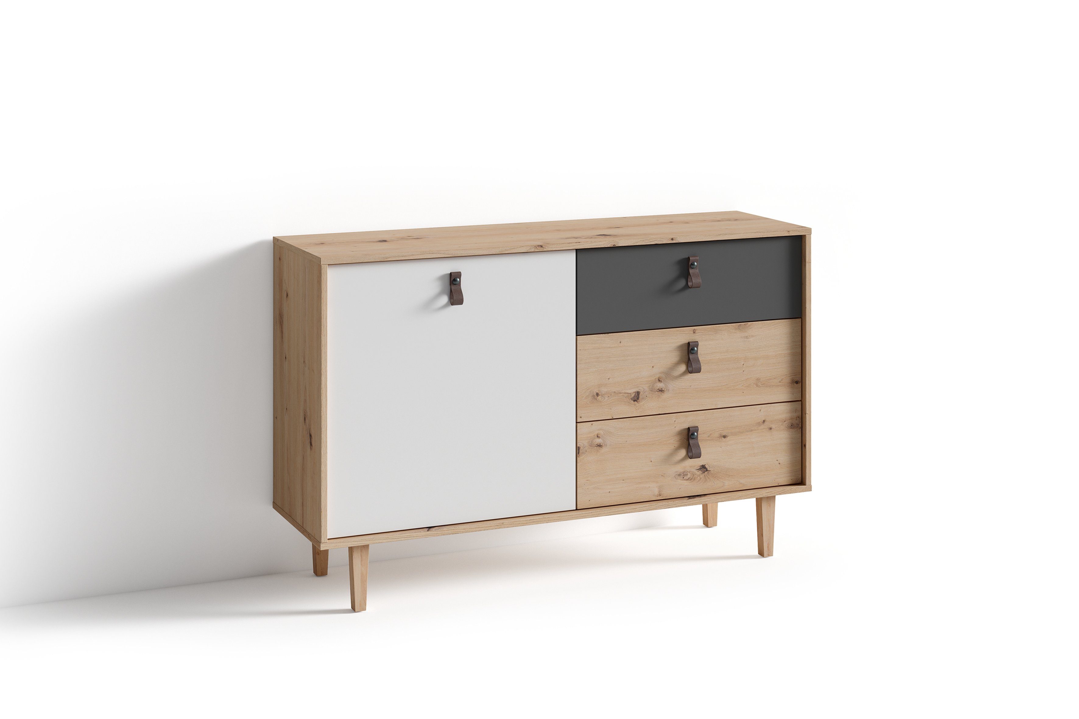 byLIVING Sideboard BILL (Kommode in Artisan Eiche Optik hellbraun, Fronten in weiß und grau, Schrank mit 1 Tür und 3 Schubkästen), B 120, H 77, T 36,5 cm