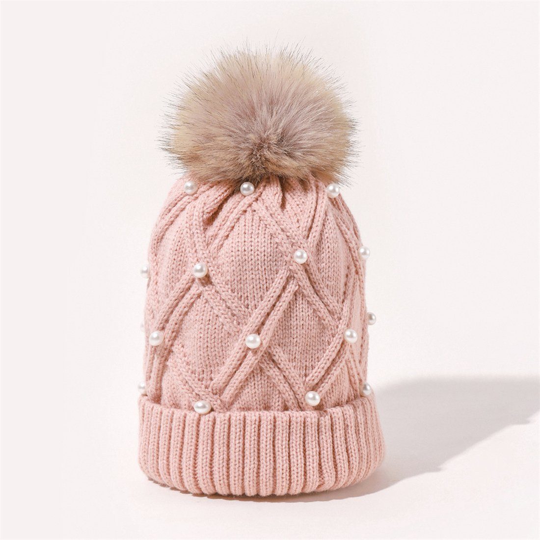 DÖRÖY Strickmütze Thickened Winter Knitted Cap Fashion Hairball Woolen Warm Rosa Women's Cap