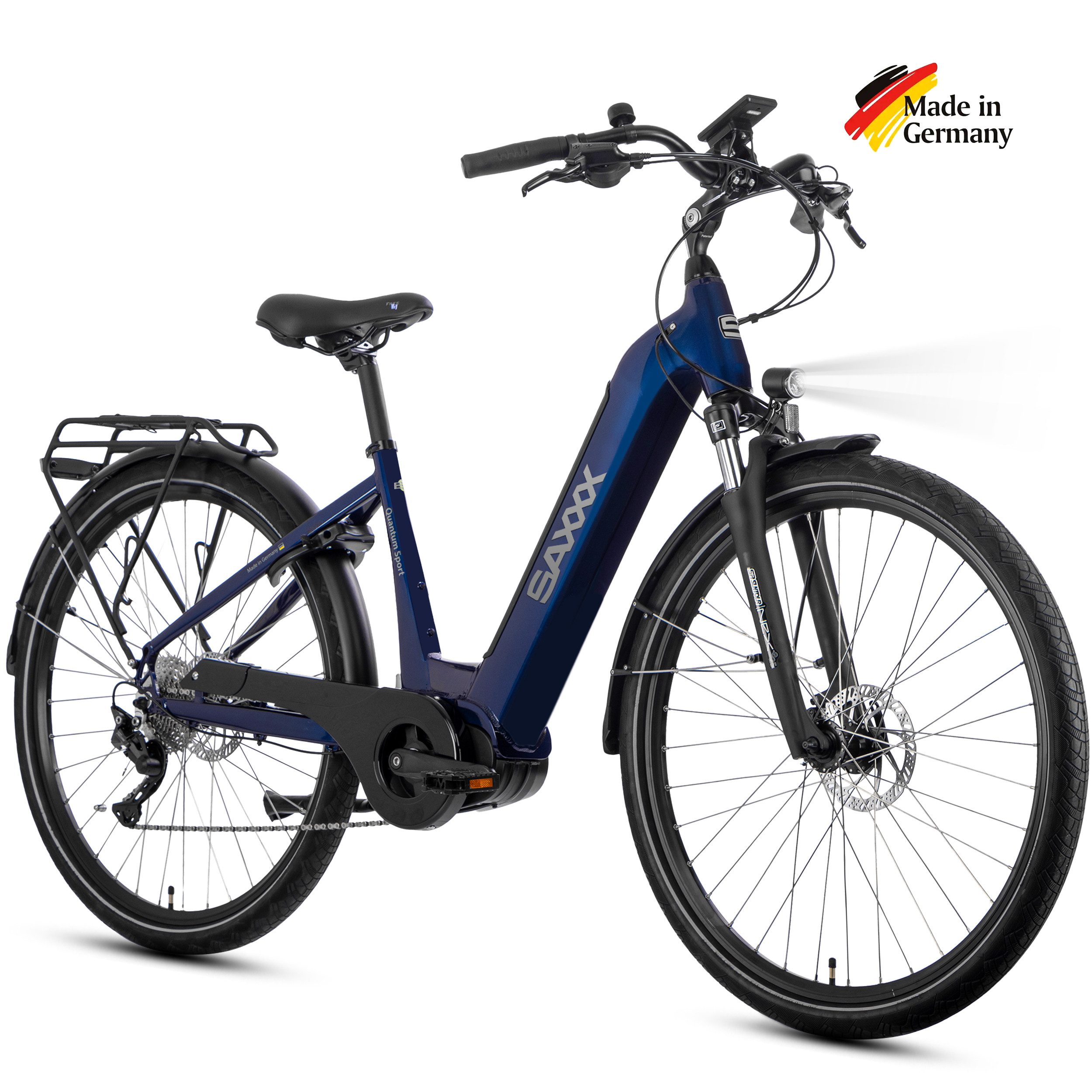 SAXXX E-Bike Trekkingrad Damen/Herren 28x2 Zoll, Trekking E-Bike mit Scheibenbremse, 55-110km, 10 Gang SHIMANO Deore Schaltwerk, Kettenschaltung, Mittelmotor, 522 Wh, (mit Rahmenschloss, mit Akku-Schlüssel, mit Gepäckträger), Pedelec, E-Trekking Tiefeinsteiger, entn. Akku, Federgabel