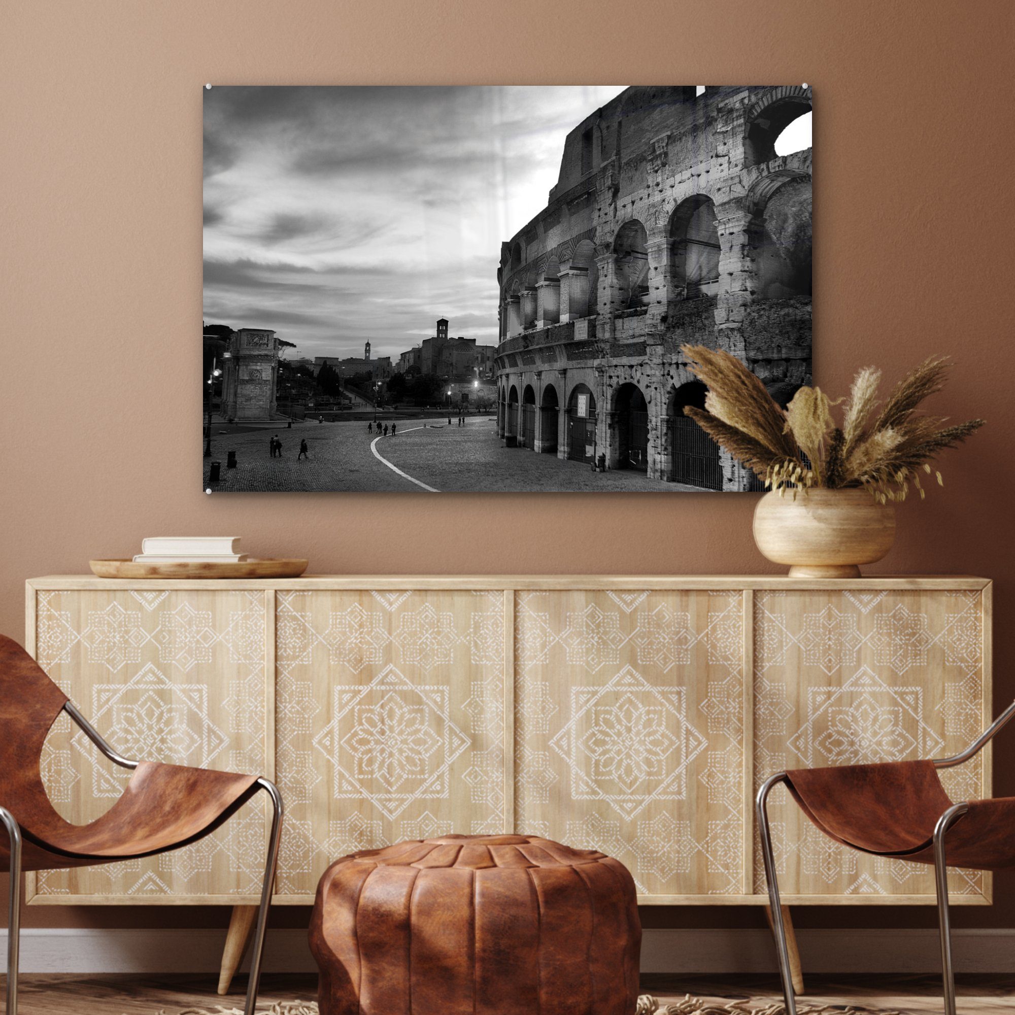 MuchoWow Acrylglasbild Das Kolosseum in (1 bei - Acrylglasbilder & Sonnenuntergang weiß, St), und Wohnzimmer Rom schwarz Schlafzimmer