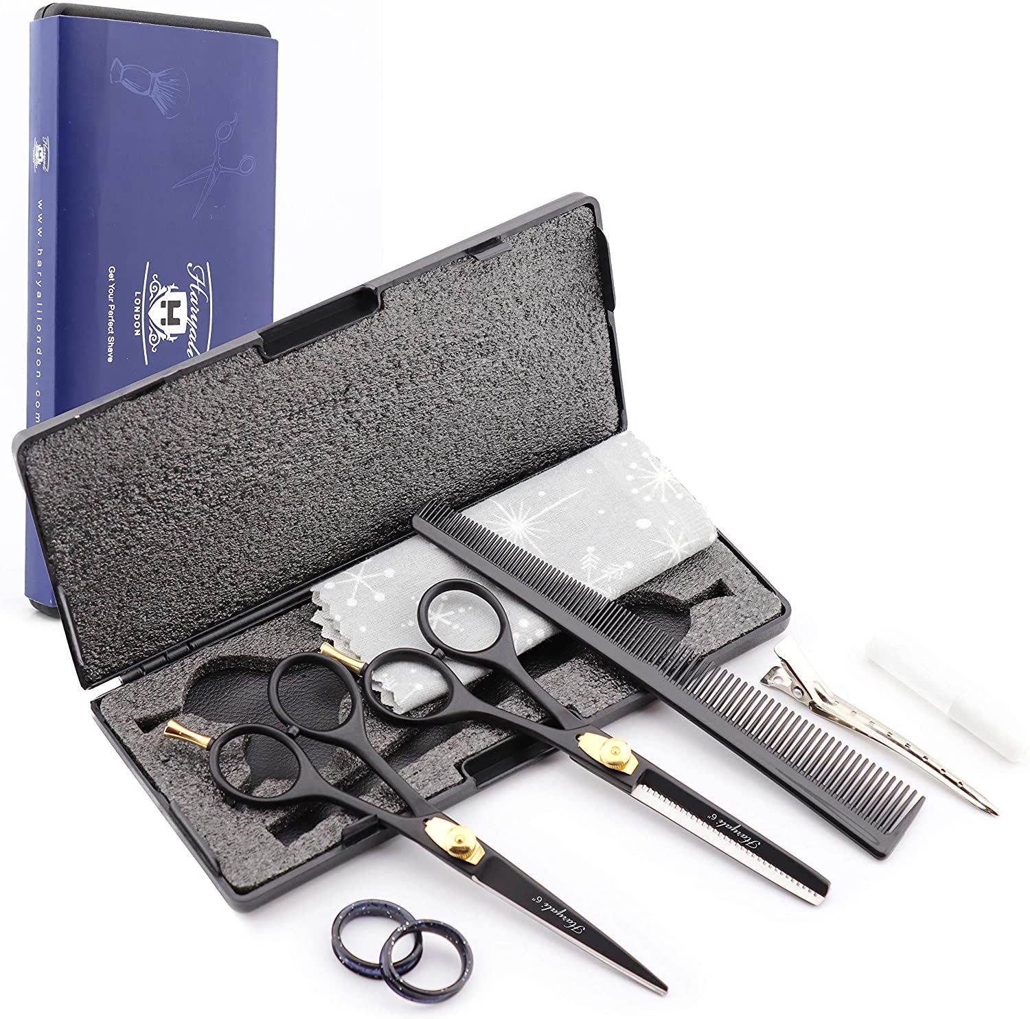Haryali London Scheren-Set 6-Zoll-Scherenset mit Schneide- und Effilierschere in Schwarzgold, (1 paar, 2-tlg., 1x cutting scissors, 1x Effilierschere, 1x Kamm, 1x Öl, 1x Reinigungstuch), Bestens geeignet für professionelle Friseur- und Kosmetikscheren