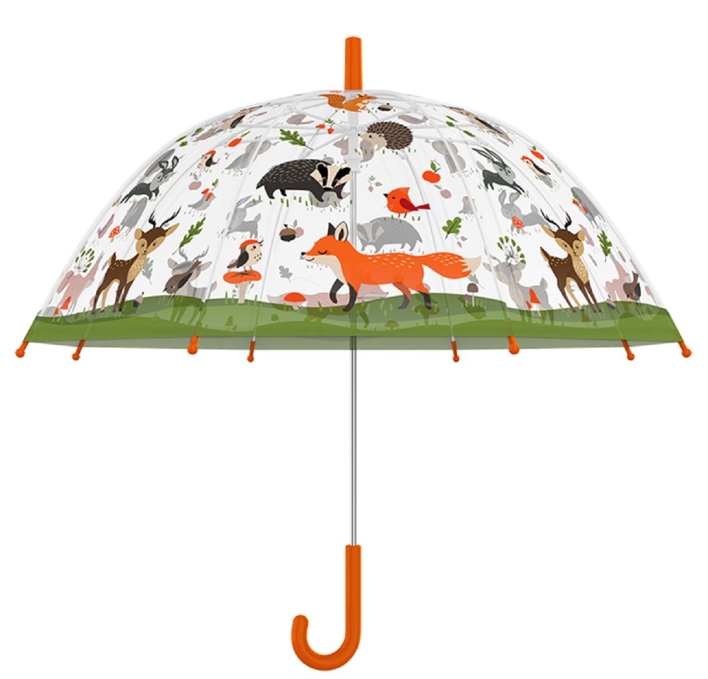 degawo Stockregenschirm Kinder Regenschirm transparent mit WALDTIEREN und orangem Griff