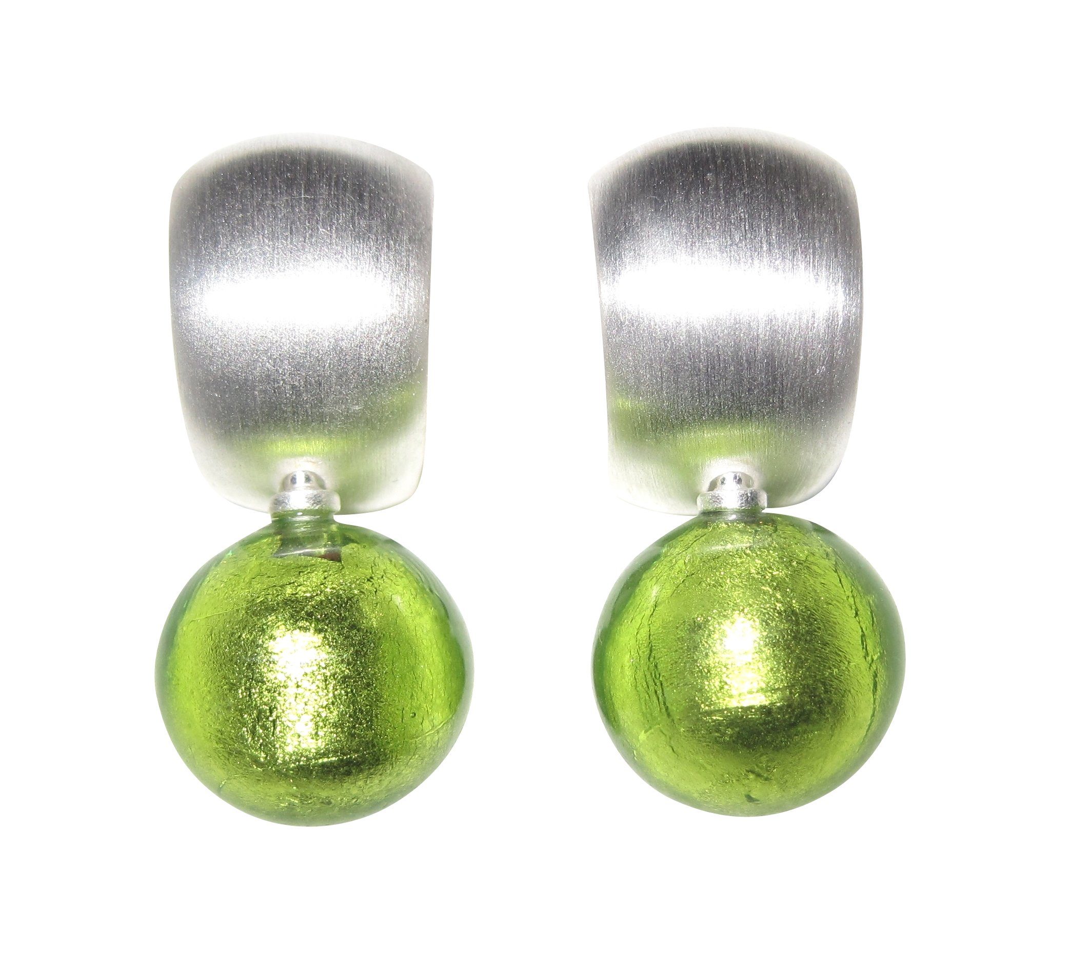 Mugello Paar Ohrclips Murano Clips Creole hellgrün Sterlingsilber Hingucker luxuriös, Creole Goldschmiedearbeit aus Deutschland, Perle echtes Muranoglas