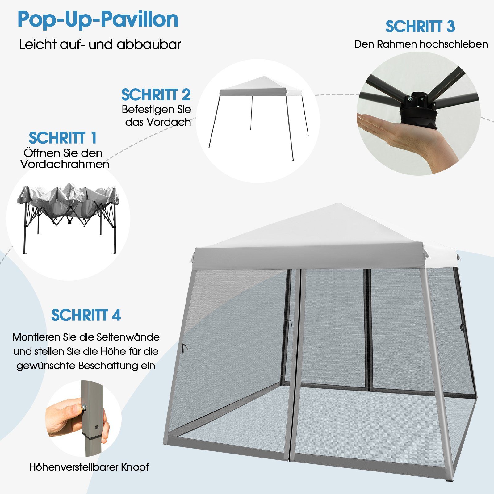 COSTWAY Partyzelt 3 x 3m Gartenzelt, mit Tragetasche, höhenverstellbar