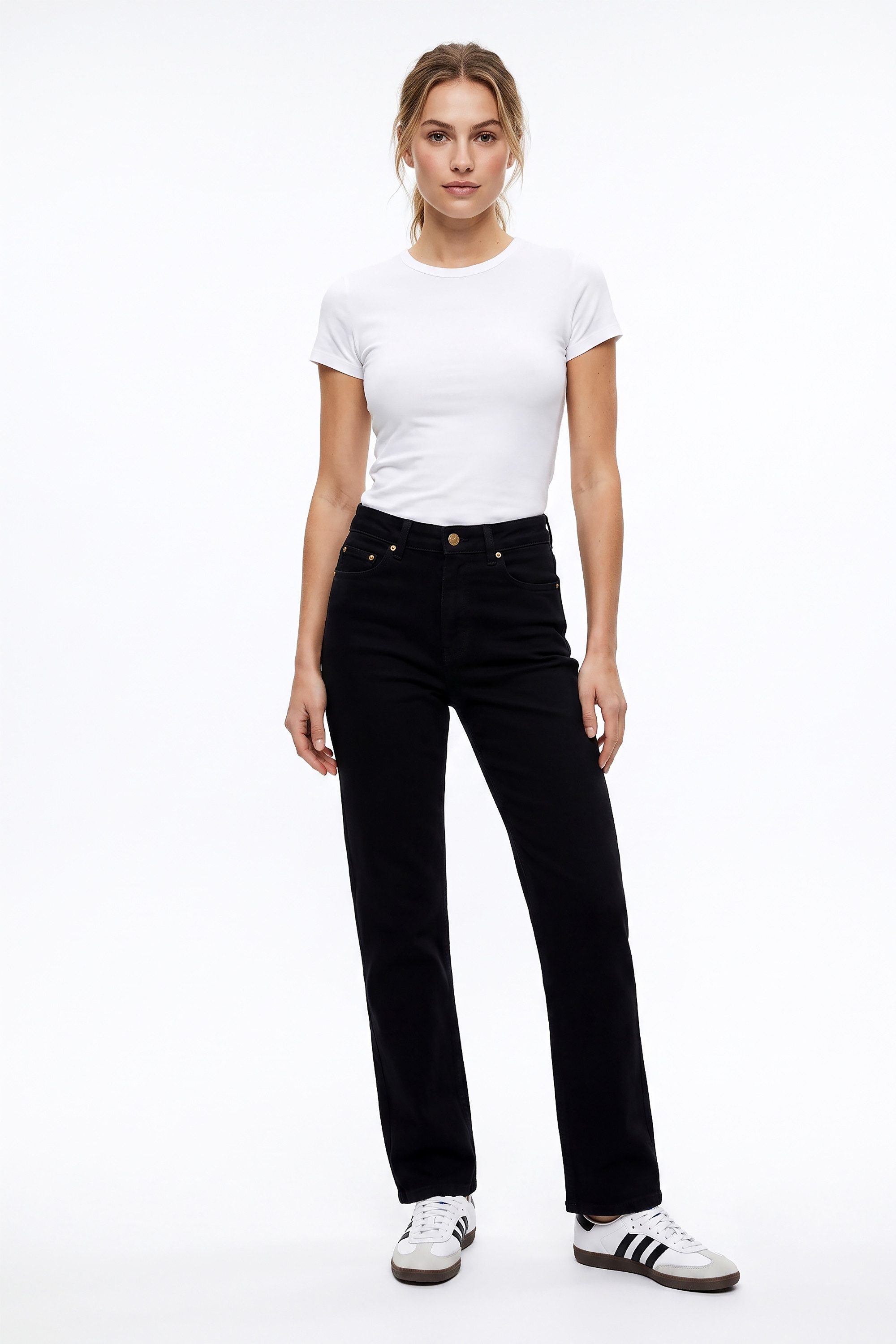 ESRA Straight-Jeans High Waist Damen Jeans Stretch Hose gerade Jeans Damen Straight Jeans Damen Stretch Jeanshose High Waist Jeans Damen Schwarz