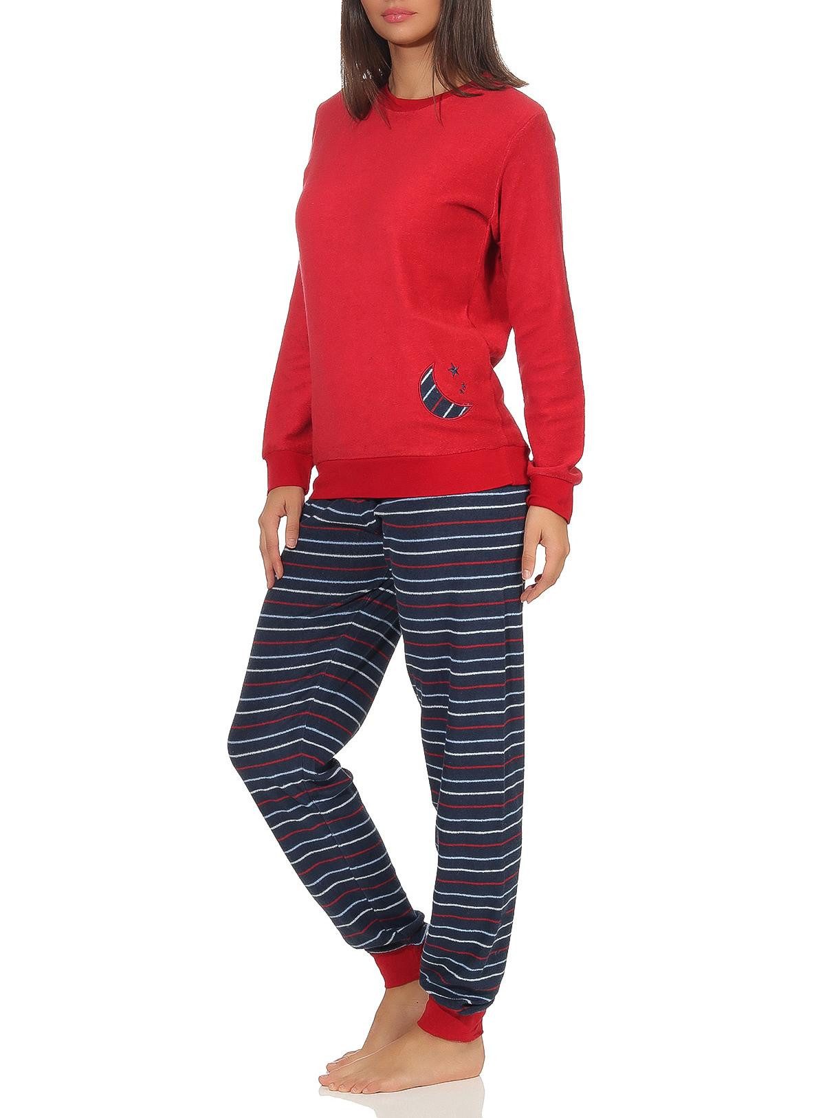 Pyjama Damen Frottee Pyjama mit Bündchen und Mond und Sterne Applikation