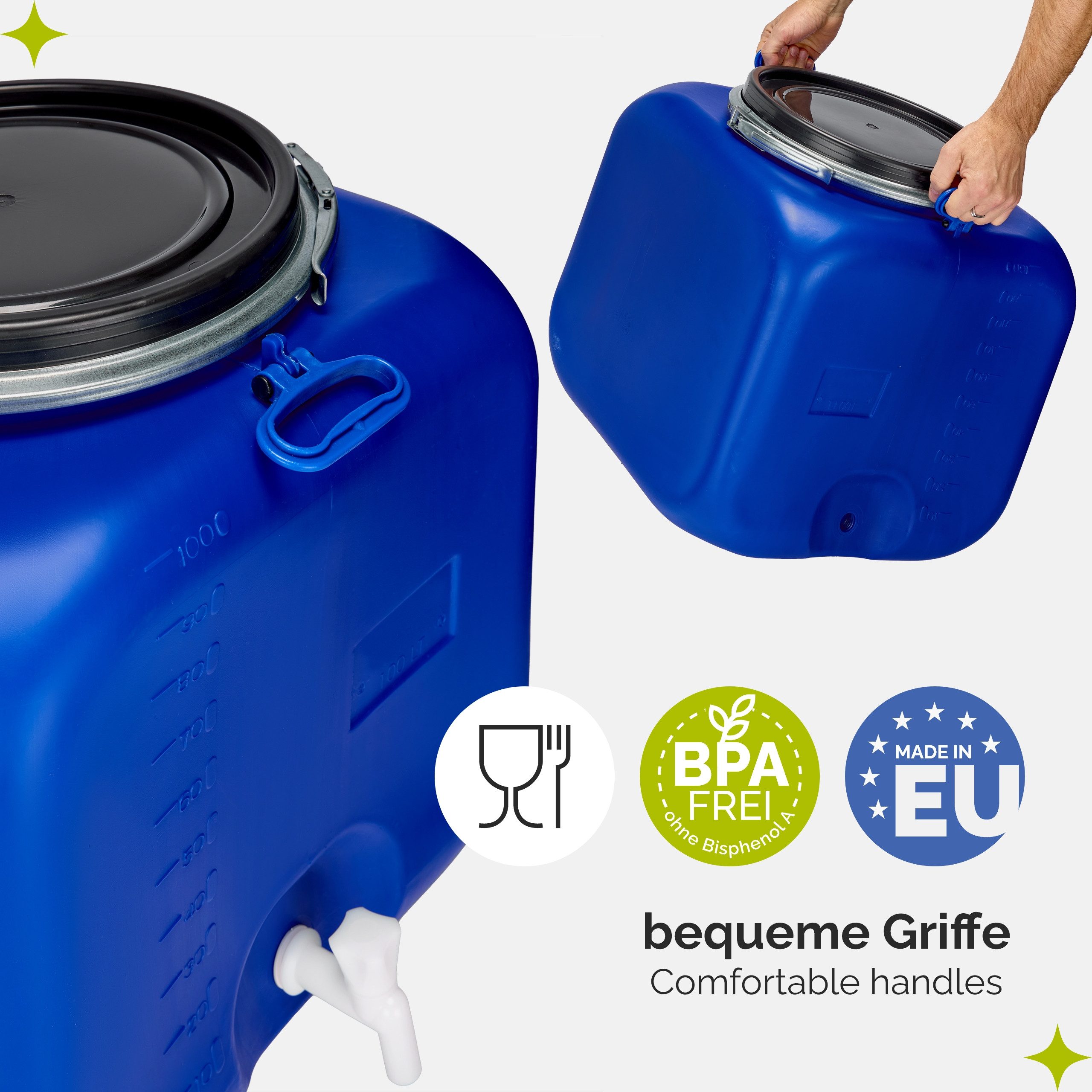 Garronda Regentonne 100L Weithalsfass mit Deckel Hahn quadratisch für Garten GD-0089, Blau, 100 l, (1-tlg), BPA-Frei – Bild 5 von 5