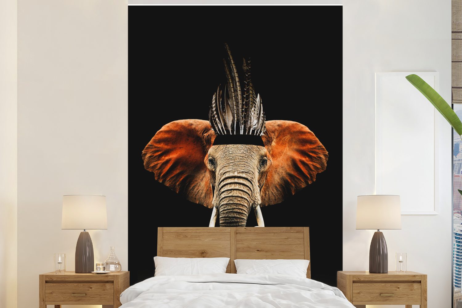 MuchoWow Fototapete Elefant - Schwarz - Indischer Kopfschmuck, Matt, bedruckt, (3 St), Montagefertig Vinyl Tapete für Wohnzimmer, Wandtapete