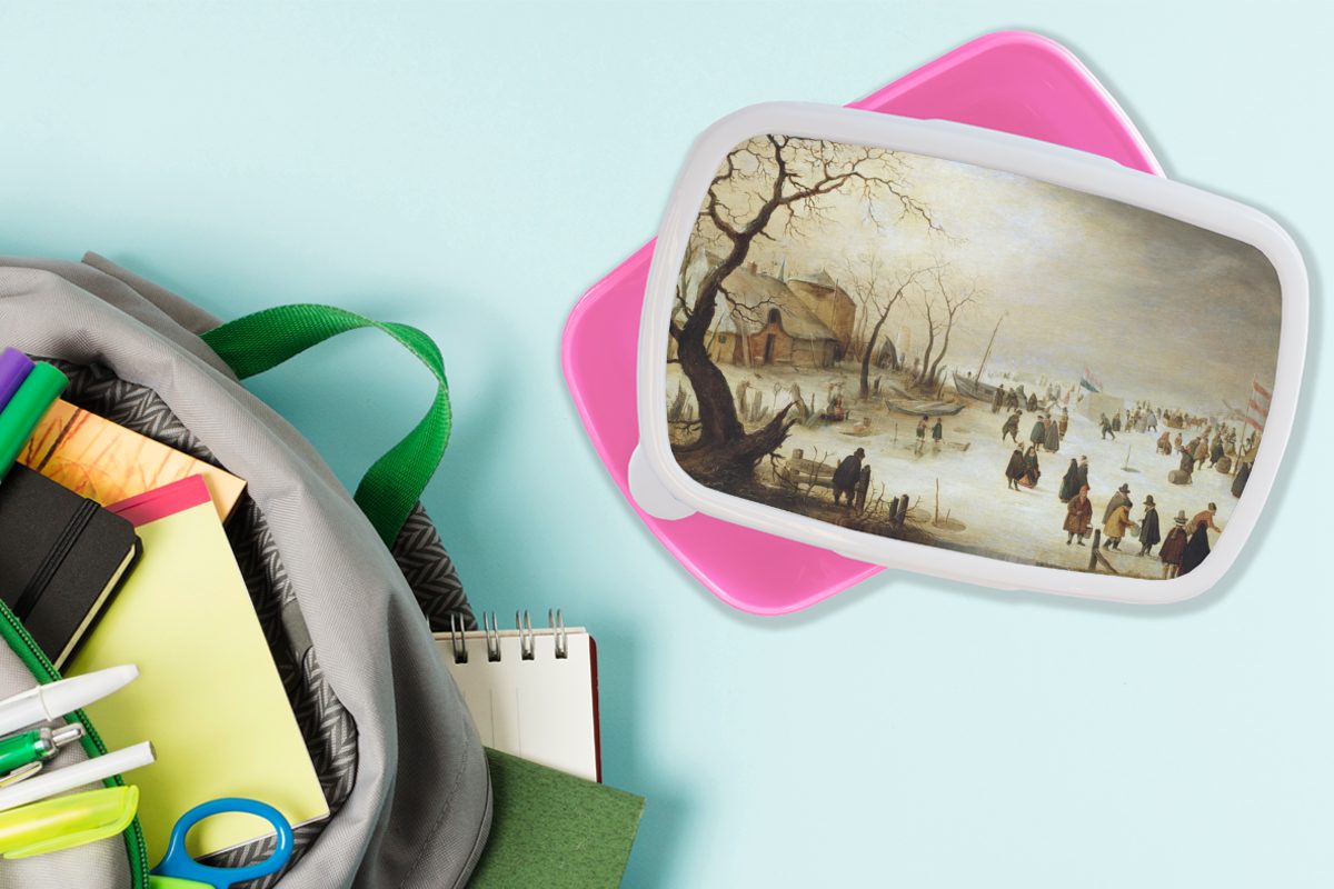 mit Mädchen, Kunststoff, Kunststoff auf Flusslandschaft Lunchbox Eine für winterliche Figuren Brotdose Kinder, MuchoWow von, Gemälde (2-tlg), Erwachsene, Snackbox, dem Eis - rosa Brotbox