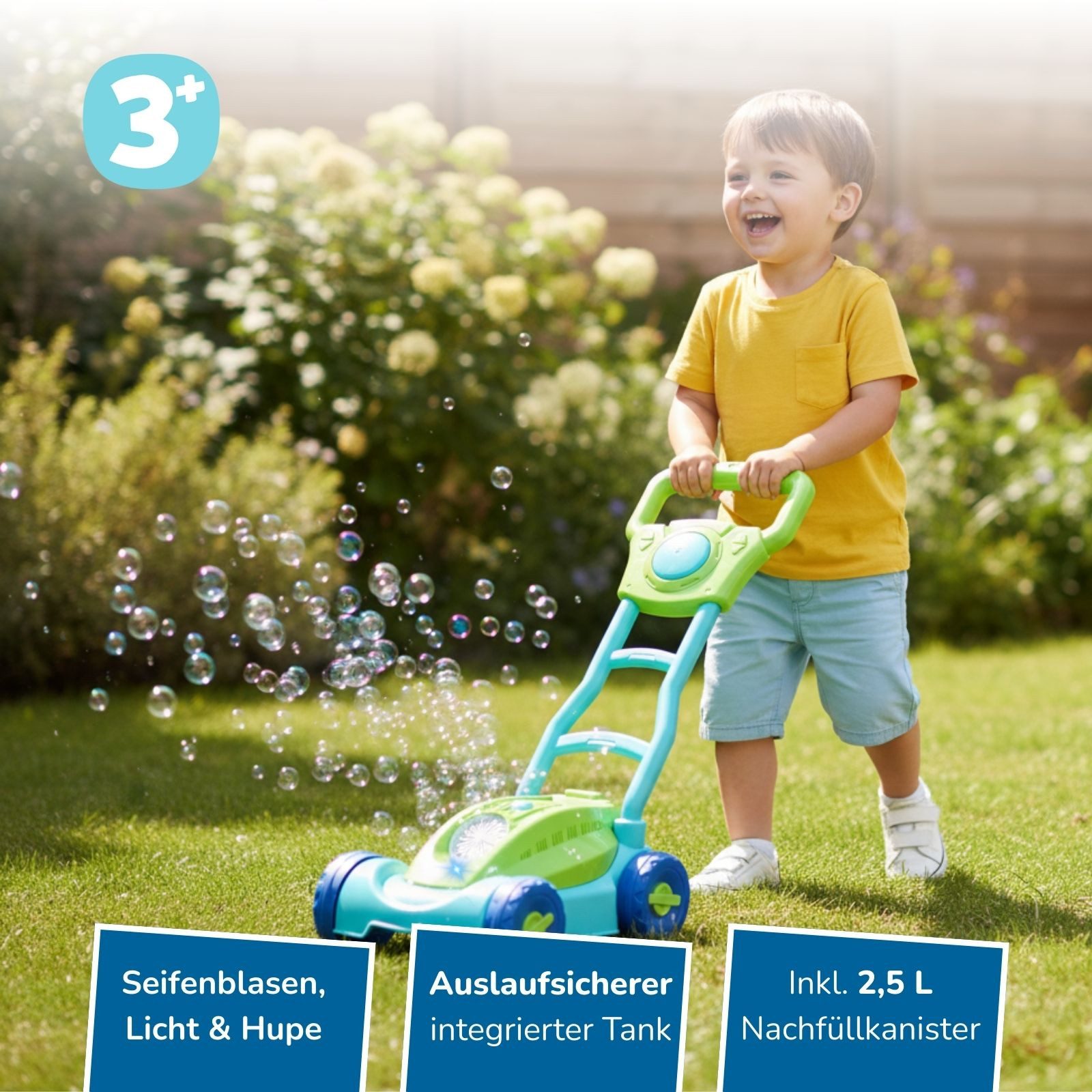 alldoro Seifenblasenspielzeug 2 in 1 Set: Seifenblasen-Rasenmäher mit 2,5L Nachfüllkanister, auslaufsicher, Licht & Hupe + XXL-Nachschub für Kinder ab 3 Jahren