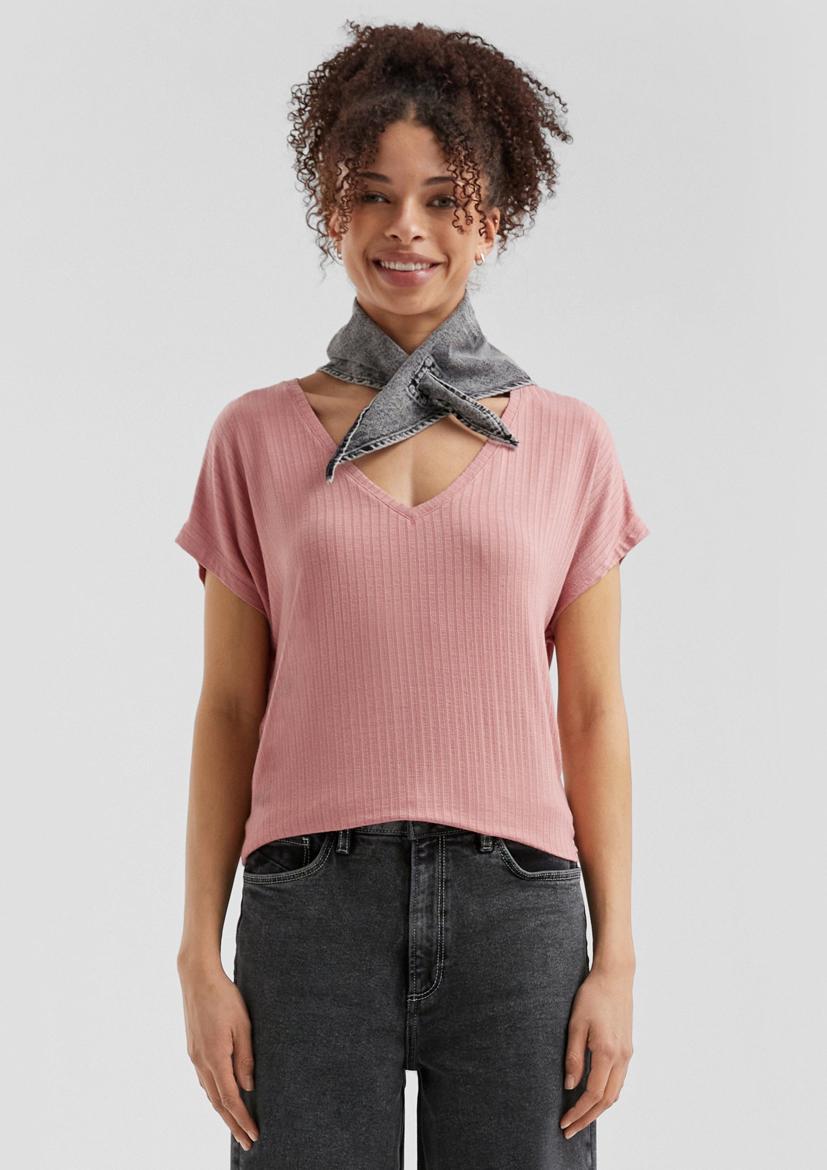 QS Kurzarmshirt Fließendes Oversize-Shirt mit Rippstruktur günstig online kaufen