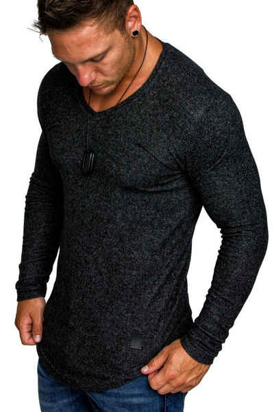 Amaci&Sons Sweatshirt DAVIE Feinstrick Pullover Herren Oversize Basic Melange Pullover Hoodie mit V-Ausschnitt
