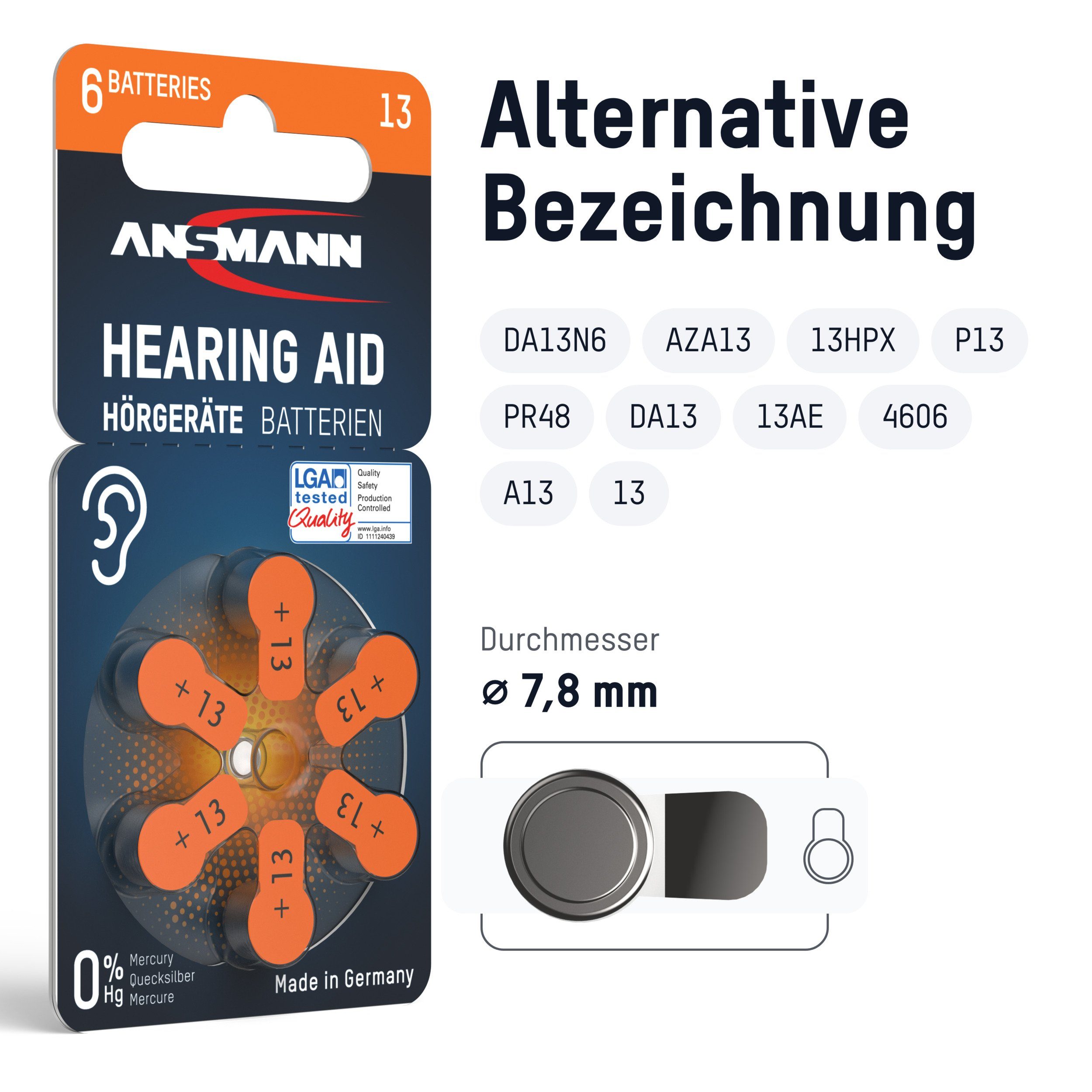 ANSMANN® Typ 13 Hörgerätebatterien Orange Knopfzelle - ZL2 P13 PR48 Stück 120