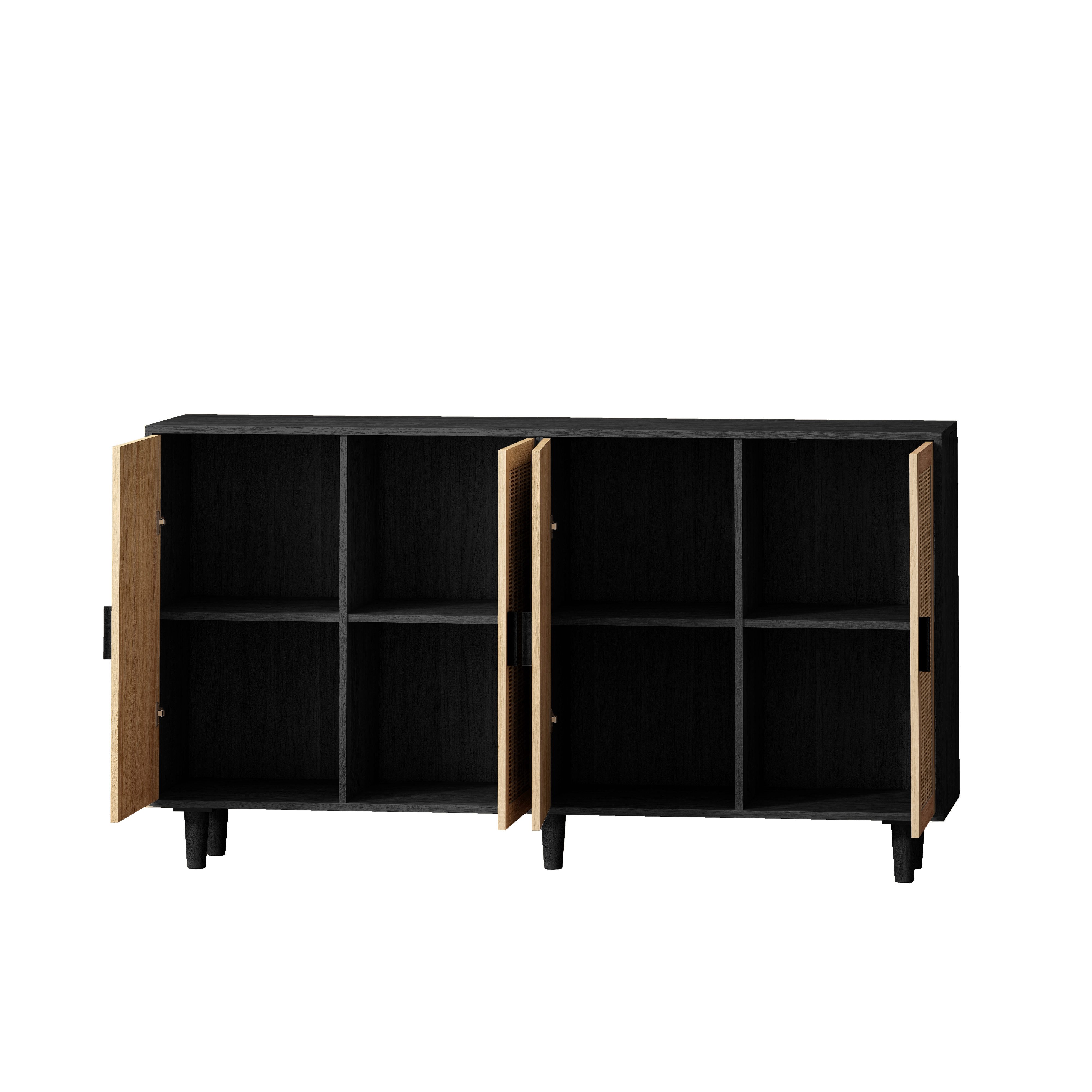 Furnishings Home Sideboard Sideboard mit 4 Türen, Schränke Kommode inkl. Rattan Decorative (1 St., für Esszimmer Schlafzimmer Wohnzimmer Flur, 158x40x88cm Highboard), Küchenmöbel, Kommt mit stabilen Holzbeinen und acht Fächern