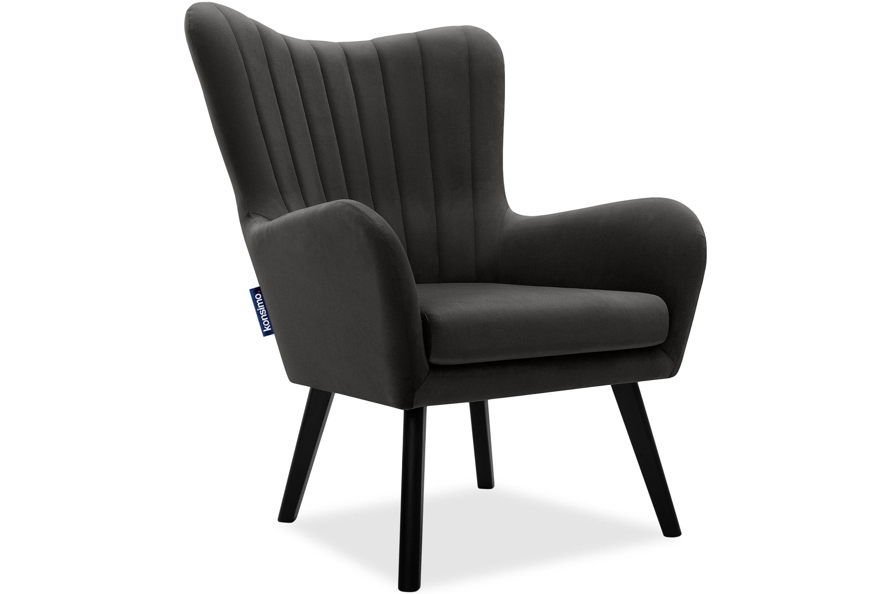 KONSIMO® Ohrensessel GADI, Velourstoff, PUR-Schaum im Sitz, Schwarz lackierte Holzbeine