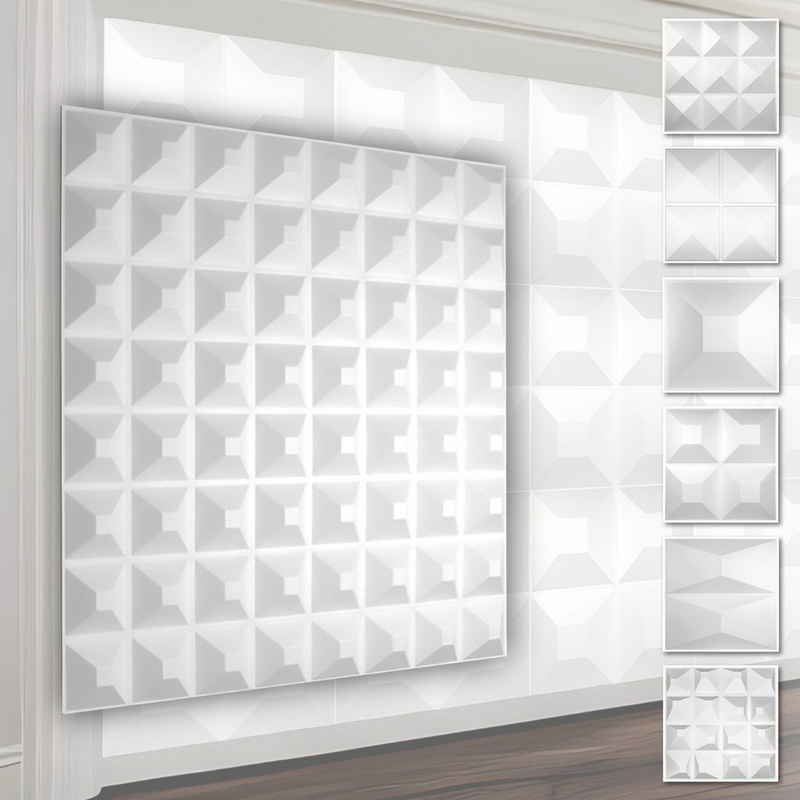 Hexim Wanddekoobjekt HD005 (PVC Kunststoff - weiße Wandverkleidung mit 3D Optik - Pyramiden Motive (3 qm 12 Platten) Wanddekor Wohnzimmer Ideen)
