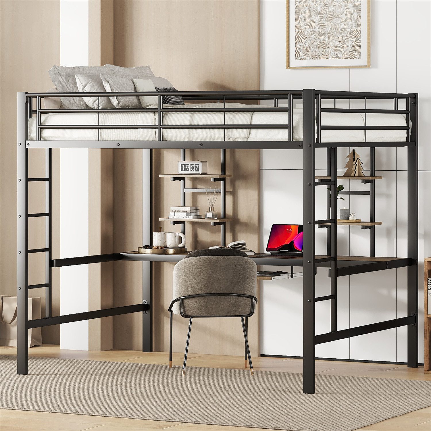 Hochbett Hochbett, mit Schreibtisch und zwei Bücherregalen, 140*200cm