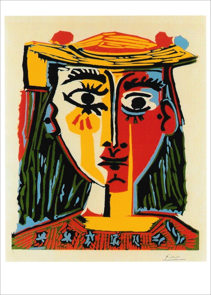 b Pompons-geschmücktem Picasso Postkarte Hut "Frau ..." mit Pablo und Kunstkarte