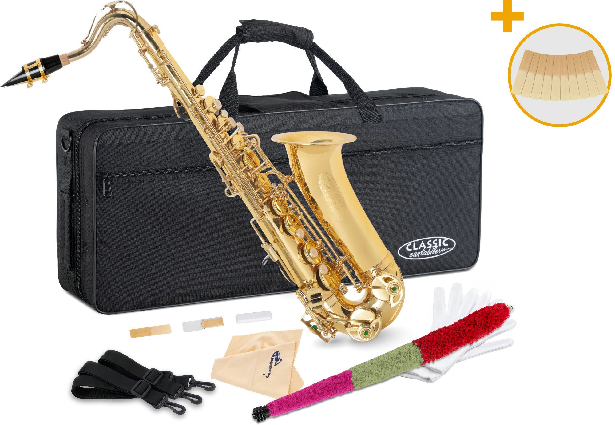 Classic Cantabile Saxophon AS-420 Altsaxophon Reeds Set - Das Kinder-Saxophon für Youngstars, Altsaxophon inkl. Leichtkoffer, Wollwischer und Blätter, 5-St., Set mit Koffer, Mundstück, Wollwischer und Blätter, Stimmung: Eb, Kindgerechte Mechanik mit enger liegenden Klappen