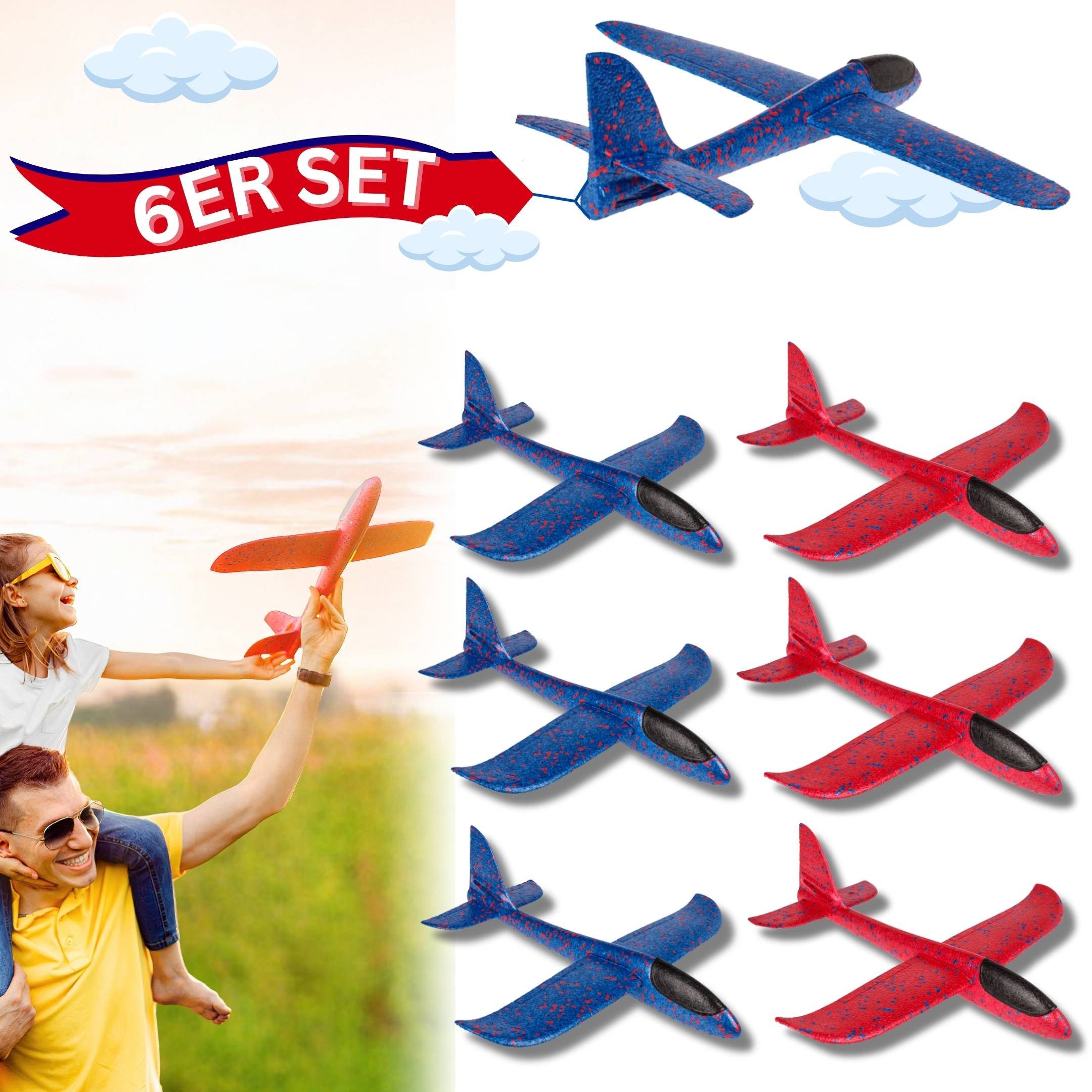 Bada Bing Spielzeug-Flugzeug XL Segelflieger Schaumstoff-Gleiter Flugzeug, (6er Set bestehend aus drei roten und 3 blauen Fliegern, 6-tlg., 48 cm große Wurfgleiter mit 49 cm Spannweite), Zwei verschiedene Flugoptionen