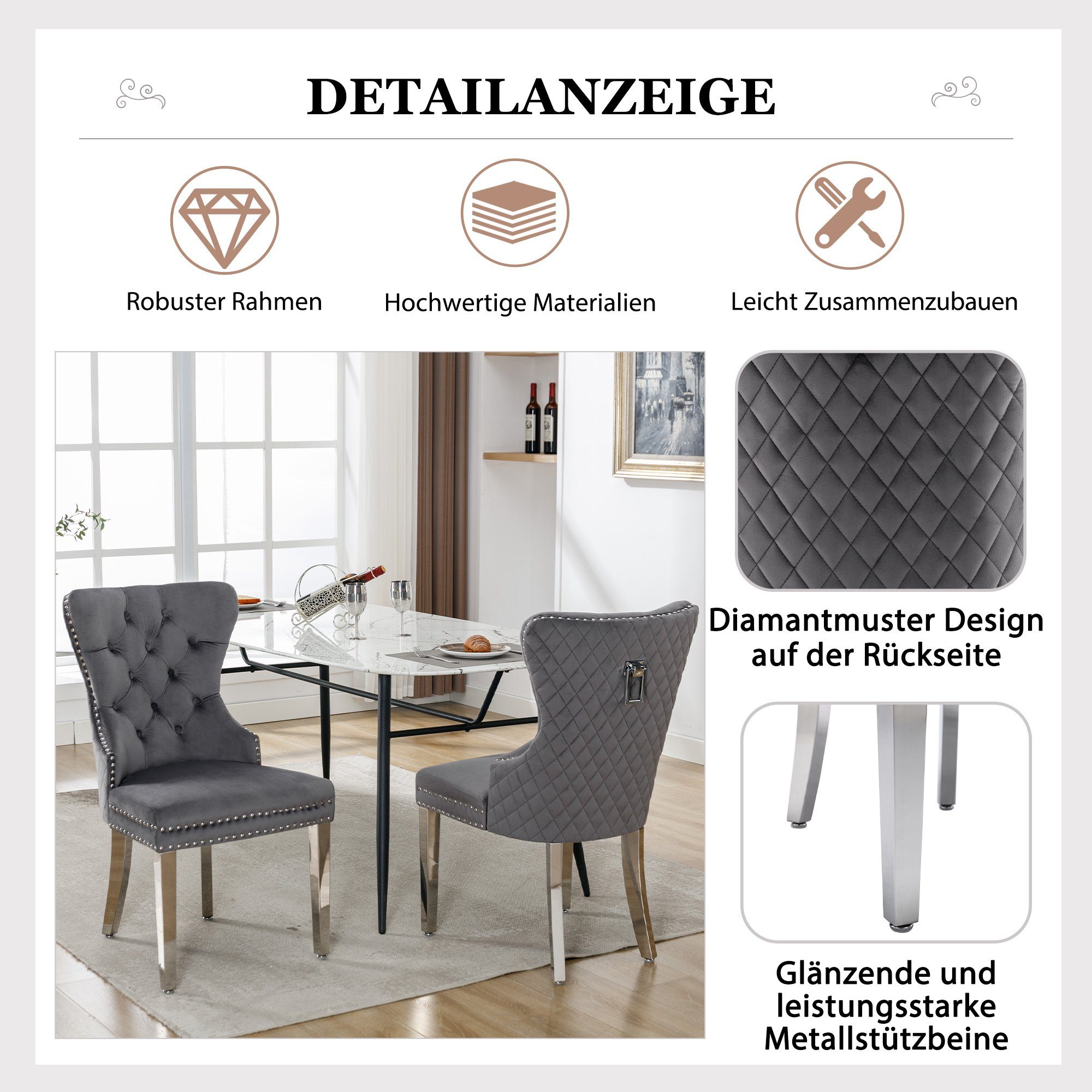Esszimmerstuhl (Polsterstuhl, 4 St), mit Türklopfer, Beine aus Edelstahl, gepolsterte Sitzfläche aus Samt