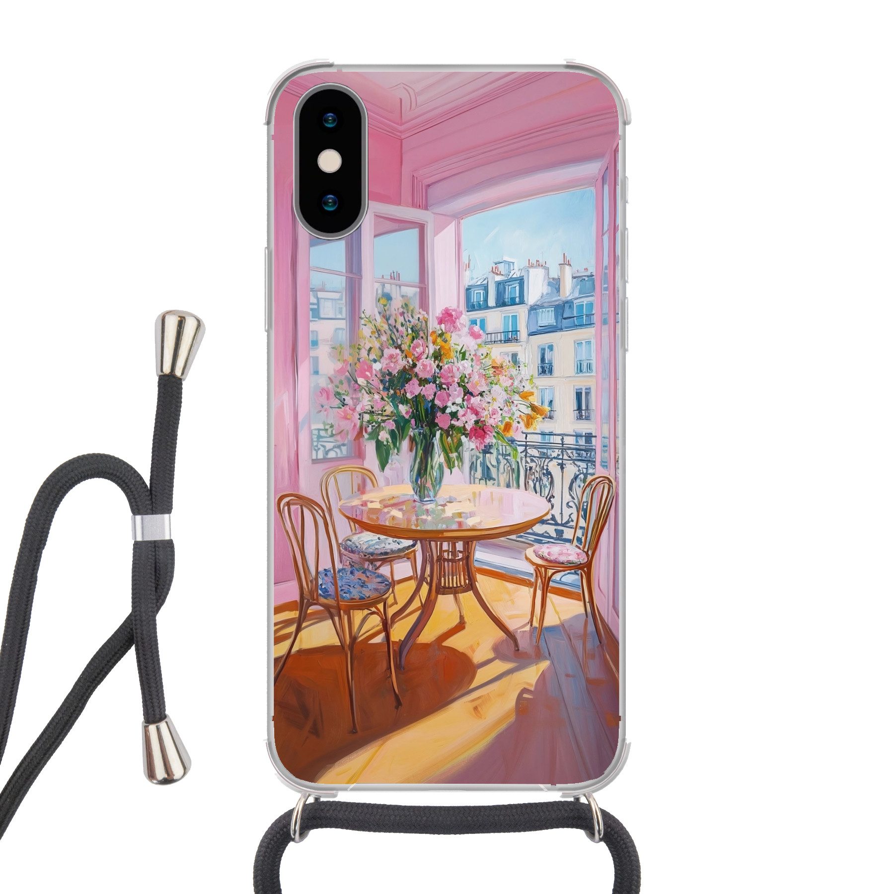 MuchoWow Handyhülle für Apple iPhone X Rosa - Stadt - Blumen, Tragbare Handyhüllen mit Kette zum umhängen, Handykette Handyband
