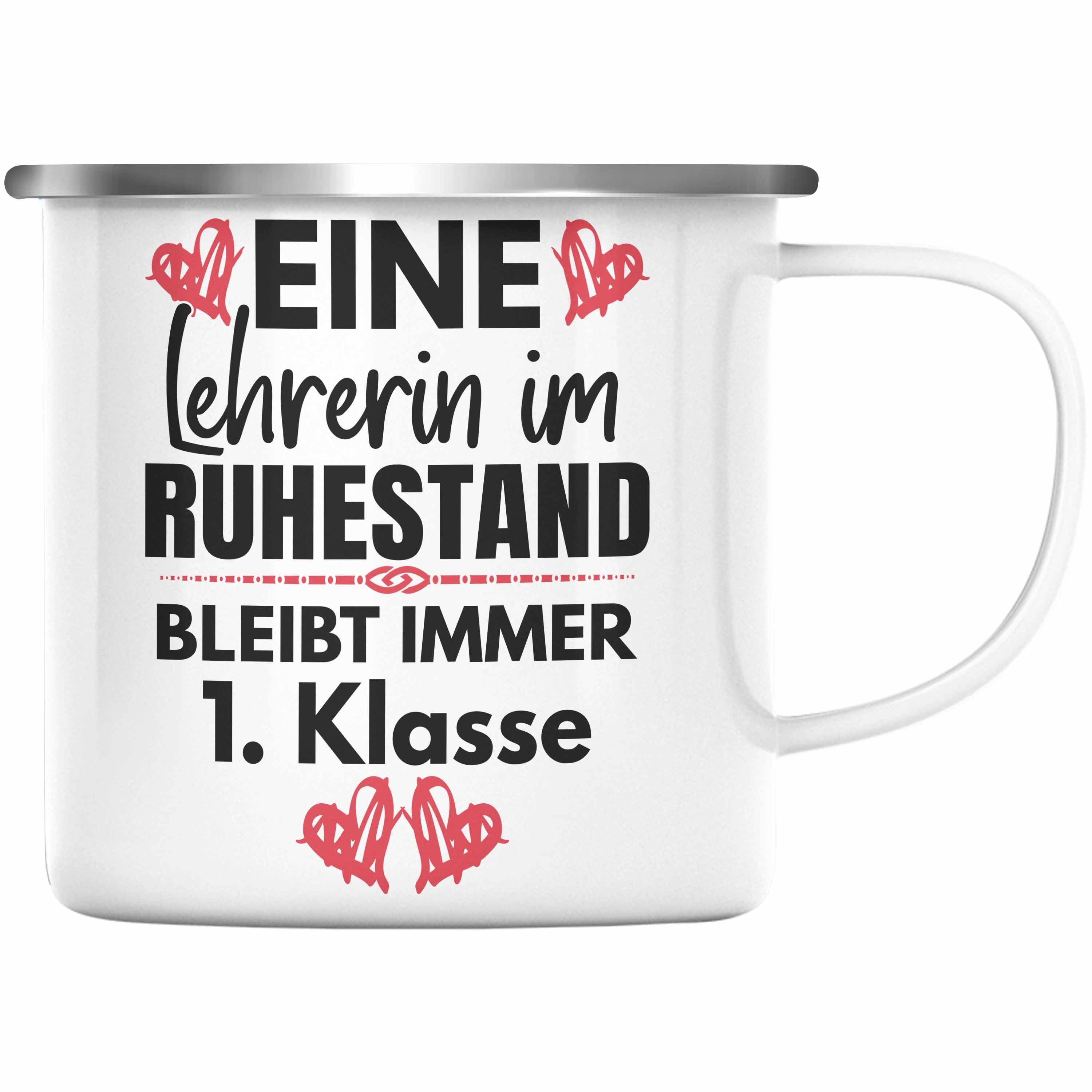 Trendation Thermotasse Trendation - Lehrerin Rente Geschenk Emaille Tasse Ruhestand Geschenkidee Abschied Abschiedsgeschenk Beste Lehrerin 1. Klasse Pensionierung Silber