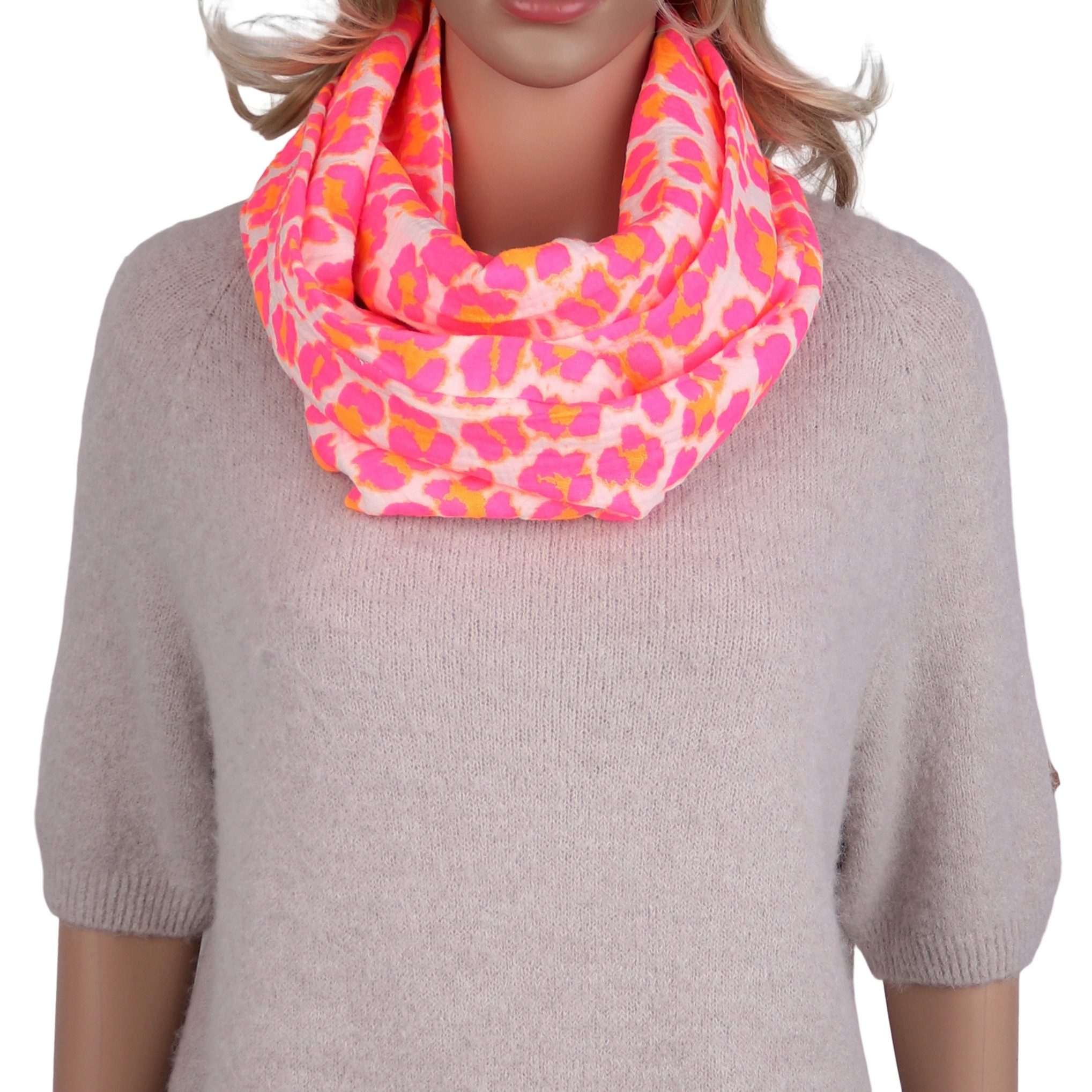 MIRROSI Loop Damen Schal aus Musellin, Made in Italy 70x20cm, Leo, Schlauchschal, (Zweimal um den Hals wickelbar, ca.70x20cm), Damen Halstuch ideal für Frühling, Sommer oder Herbst