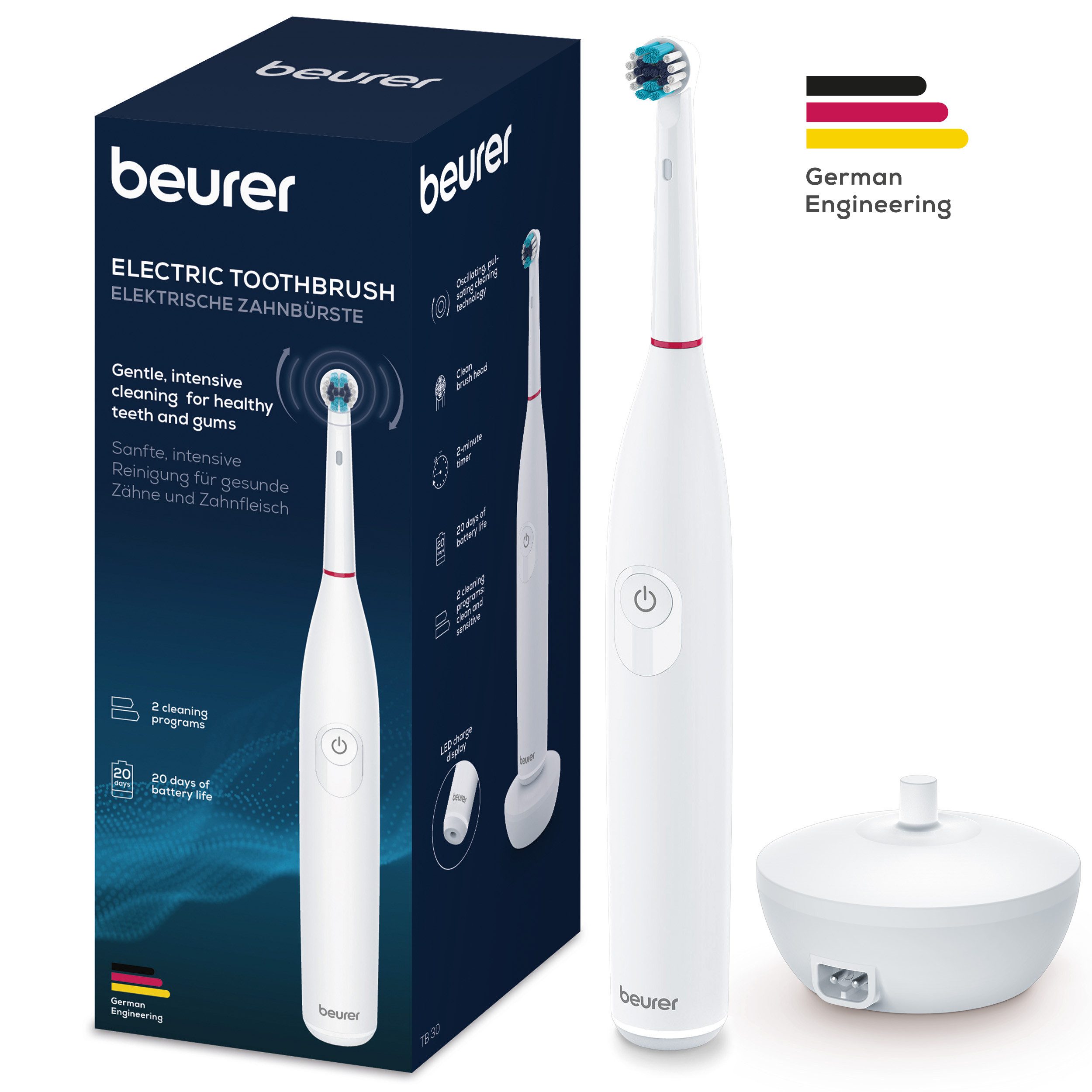 BEURER Elektrische Zahnbürste TB 30, Elektrische Zahnbürste zur Plaque-Entfernung mit Timer, Aufsteckbürsten: 1 St., 2 Reinigungsprogramme und 2-Minuten-Timer, effektive Plaque-Entfernung