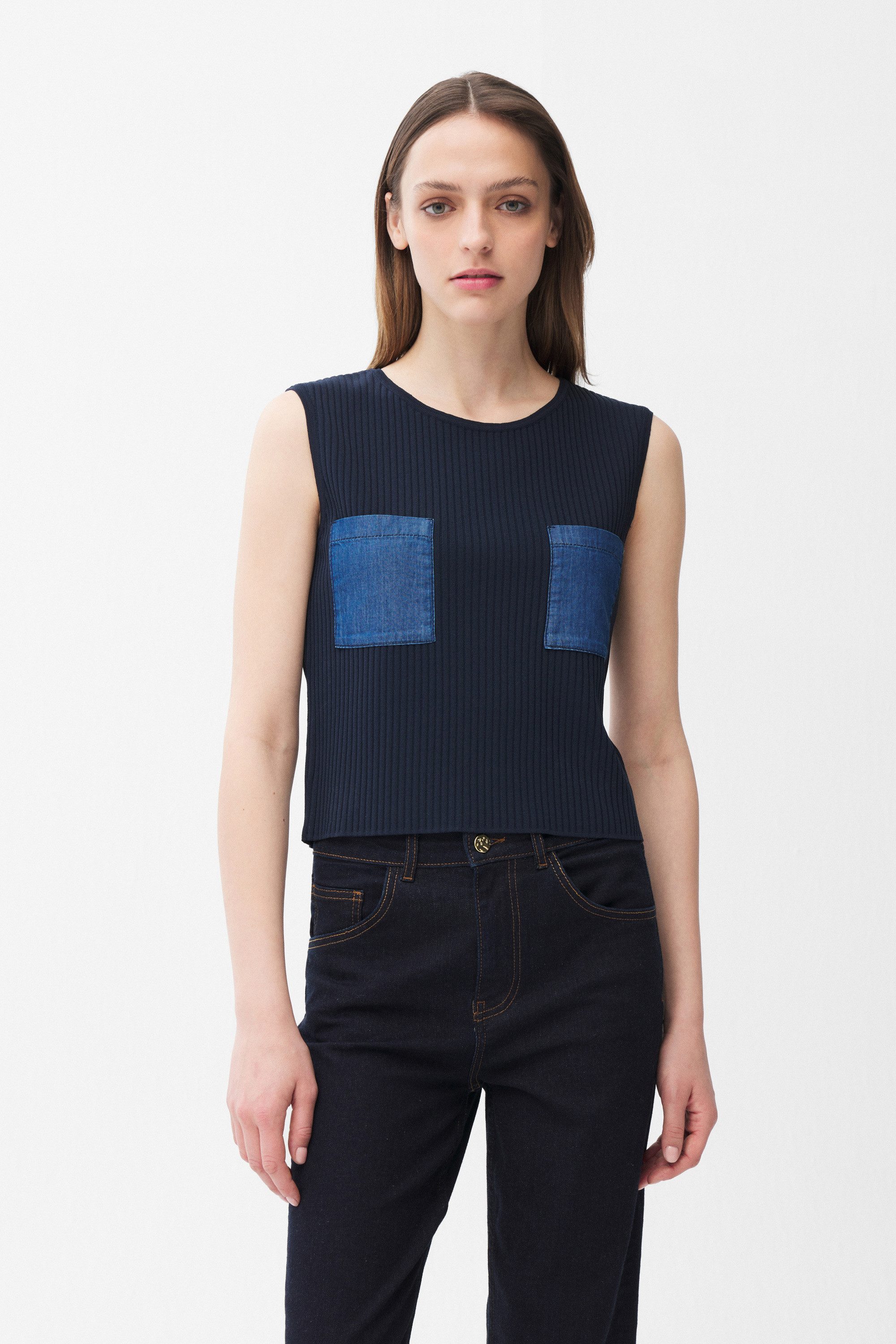 adL Blusentop Strickbluse mit Denim-Taschendetail
