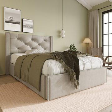 OKWISH Polsterbett Hydraulisches, 90x200cm,Bett mit Lattenrost aus Metallrahmen, ohne Matratze