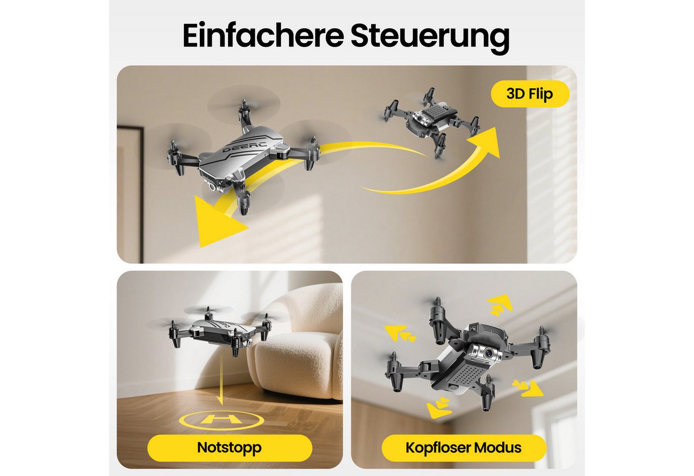 DEERC Mini, mit 1080P Kamera für Kinder, optischem Fluss, faltbar Drohne (FPV-Übertragung & Smarte Steuerung, bis 20min Flugzeit) silberfarben